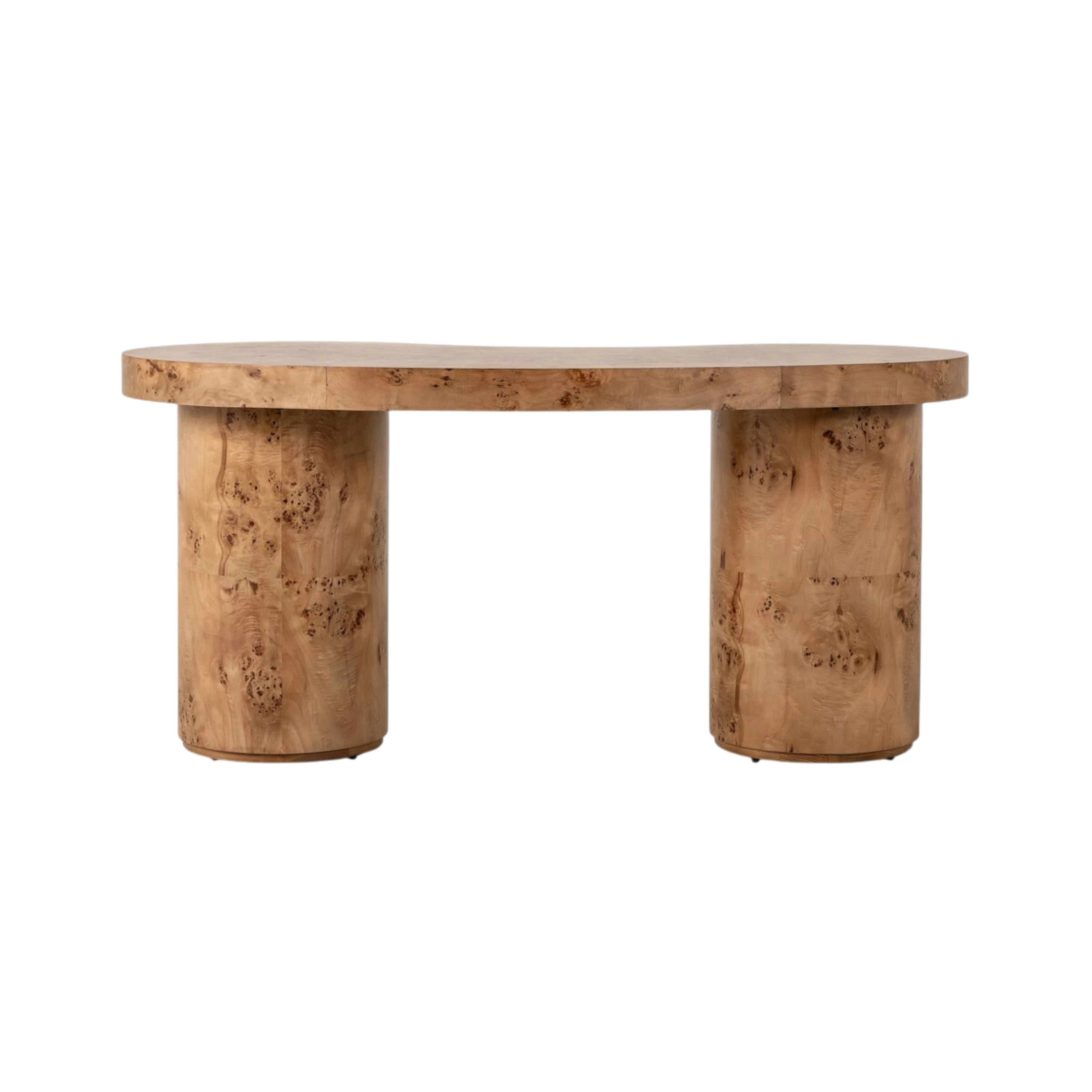 Eclipse Desk in natural burl wood with a curved asymmetric top and two substantial cylindrical pedestal bases.