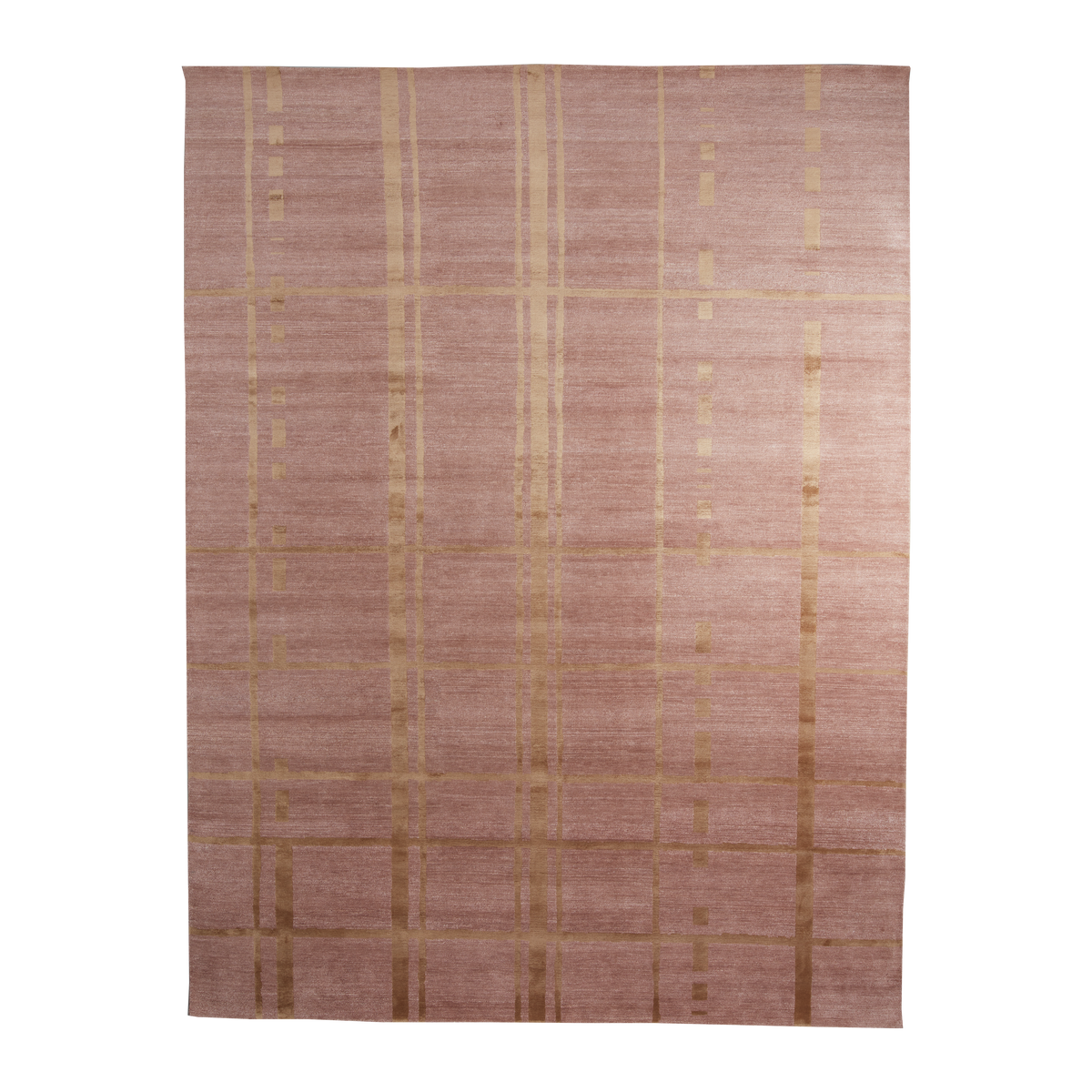 A rectangular area rug with a dusty rose pink base and a metallic gold plaid pattern, shown flat against a solid white background.