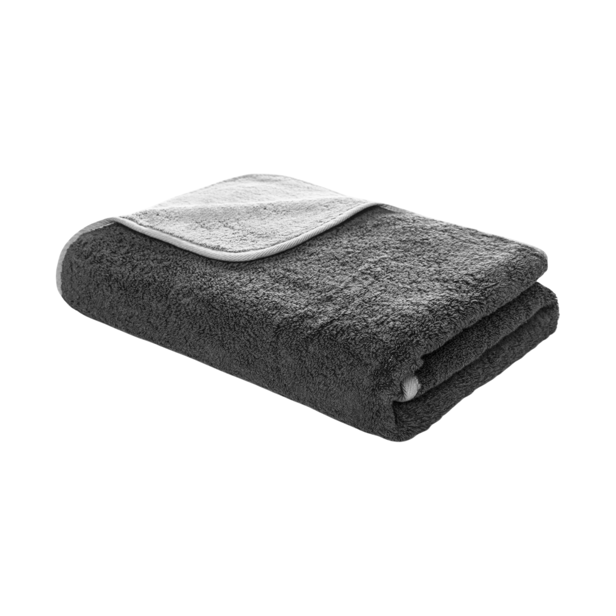 Bicolore Bath Sheet in Storm/Silver, folded to reveal the deep storm-grey terry exterior and contrasting soft silver reverse with light bias binding.