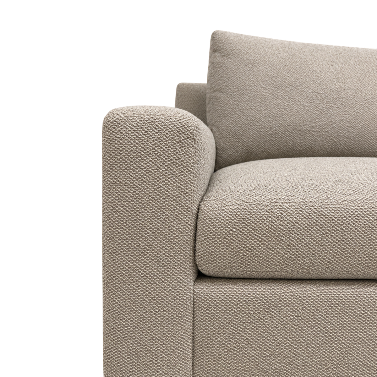 Solano Sofa close-up showing the nubby heathered taupe weave on a wide track arm with gently rounded edges, beside a thick seat cushion and a loose back cushion.