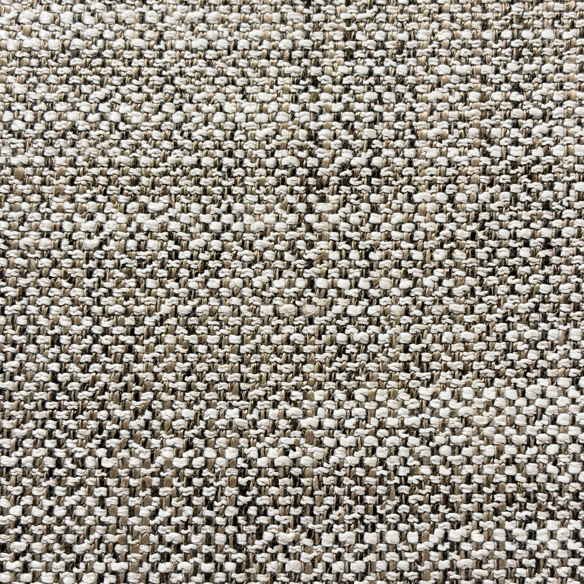 Solano Sofa fabric, extreme close-up showing the tight heathered taupe basketweave, with lighter yarns, deeper flat threads and tiny dark flecks woven together.