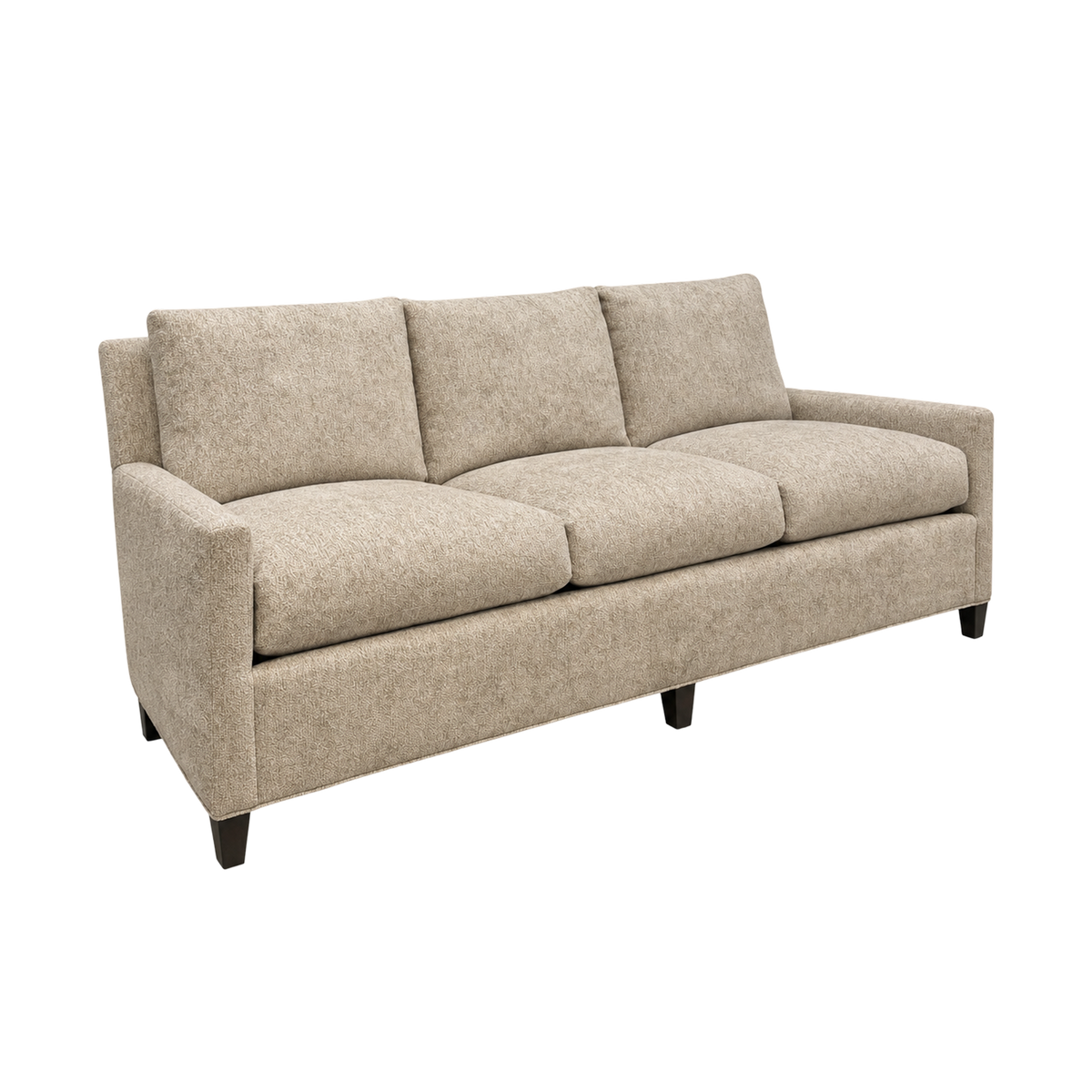 Weston Sofa angled front view in Foundry Sand chenille, showing the three-seat configuration, slim track arms and tapered dark legs.