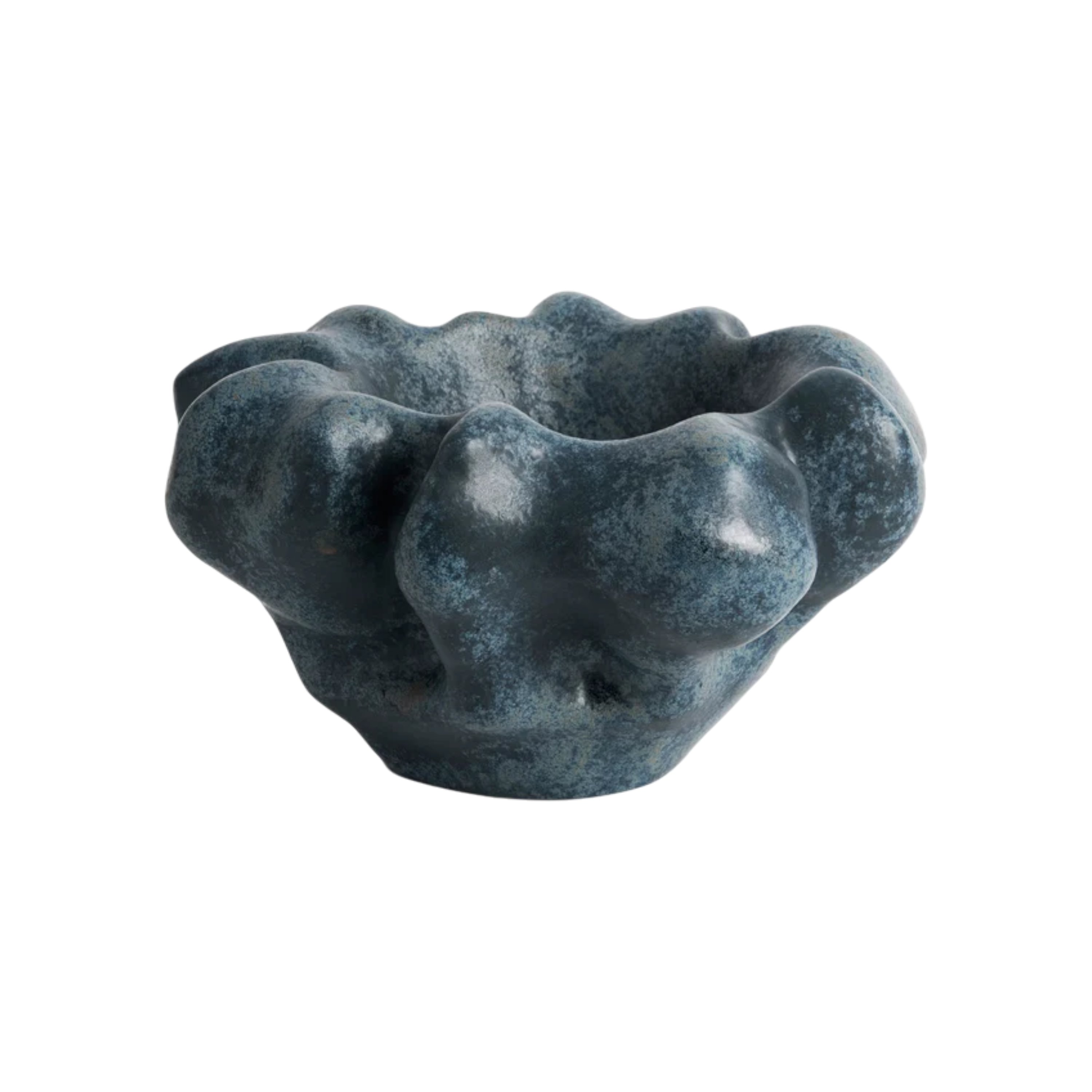 Timna Coupe Aged Iron sculptural bowl with softly undulating contours, an irregular petal-like rim and a mottled blue-grey aged-iron finish.