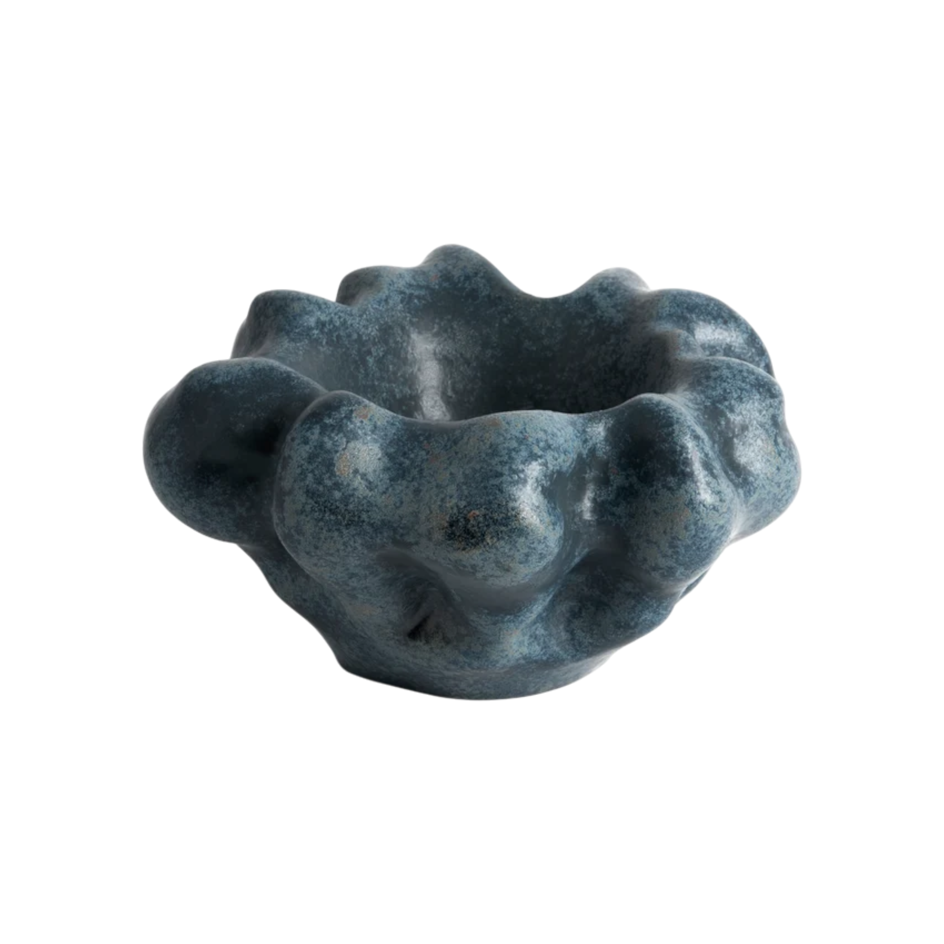 Angled view of the Timna Coupe Aged Iron highlighting its biomorphic form, deep centre and richly textured aged-iron surface.