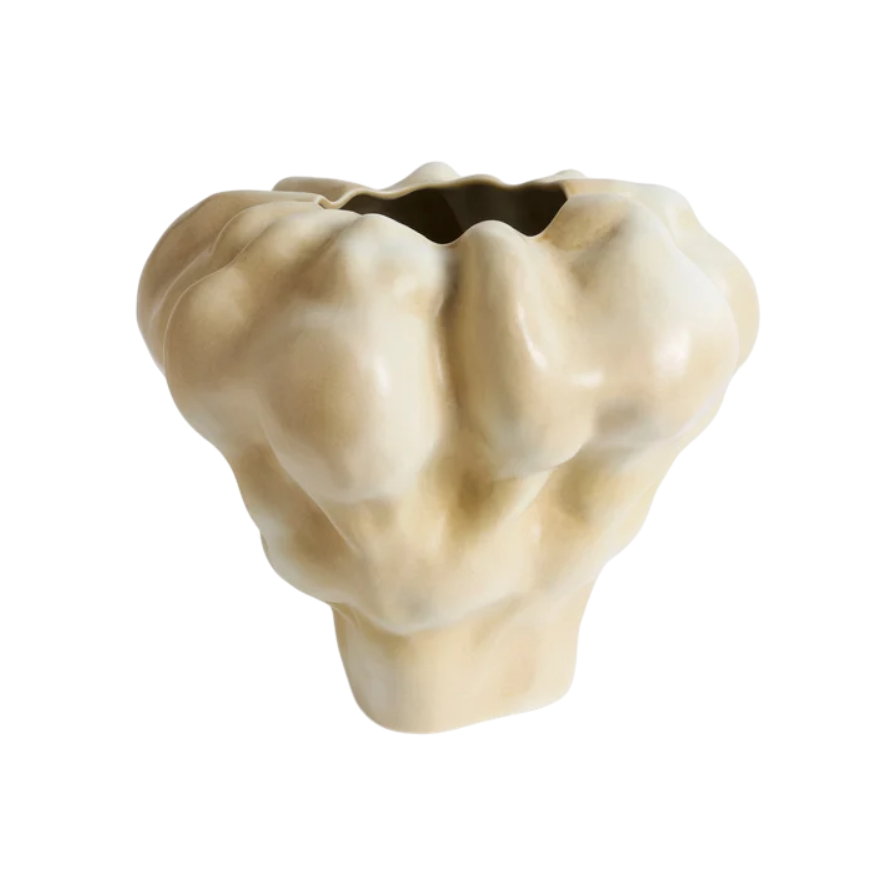 Angled view of the Timna Vase Extra Short highlighting its rounded contours, irregular silhouette and soft creamy finish.