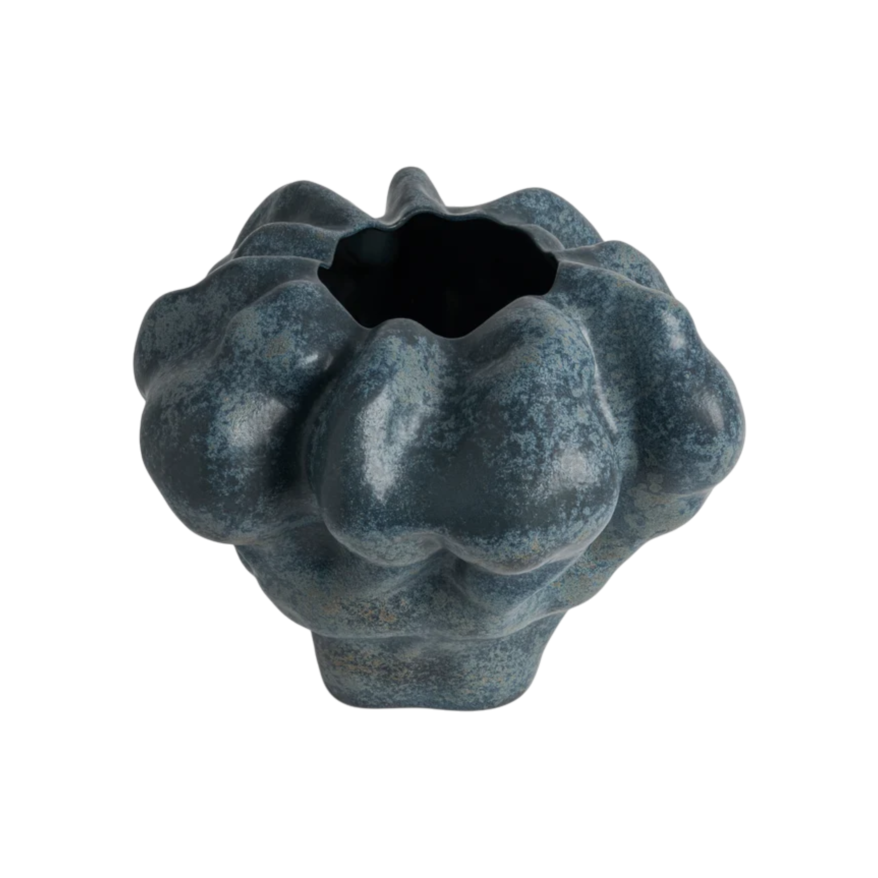 Angled view of the Timna Vase Extra Short featuring softly rounded contours and a mottled blue-grey aged-iron finish.