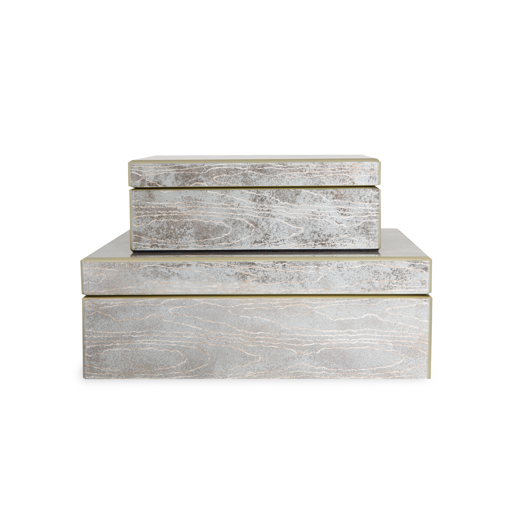 A set of two mirrored boxes with a woodgrain pattern, beveled edges, and contrasting trim.