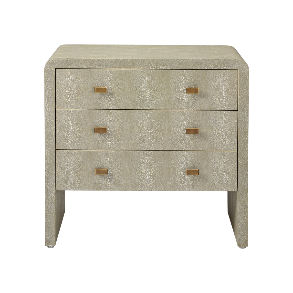 Harlow Nightstand shown from the front in Soft Sage faux shagreen, with three drawers, rectangular metal pulls and a rounded waterfall top edge.