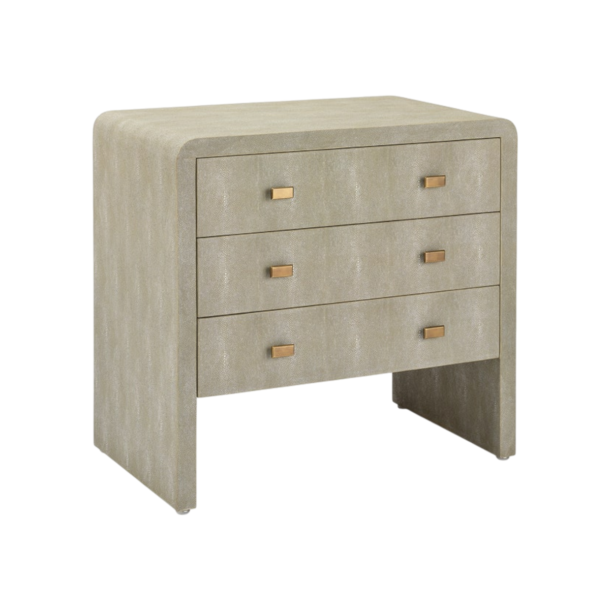 Angled view highlighting the Harlow Nightstand in Soft Sage faux shagreen, showing the wrapped side panel, open sled-style base and small metal feet.