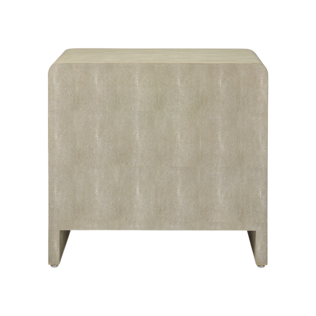 Rear view of the Harlow Nightstand in Soft Sage faux shagreen, showing the fully wrapped back panel, vertical pebbled grain and open leg base.