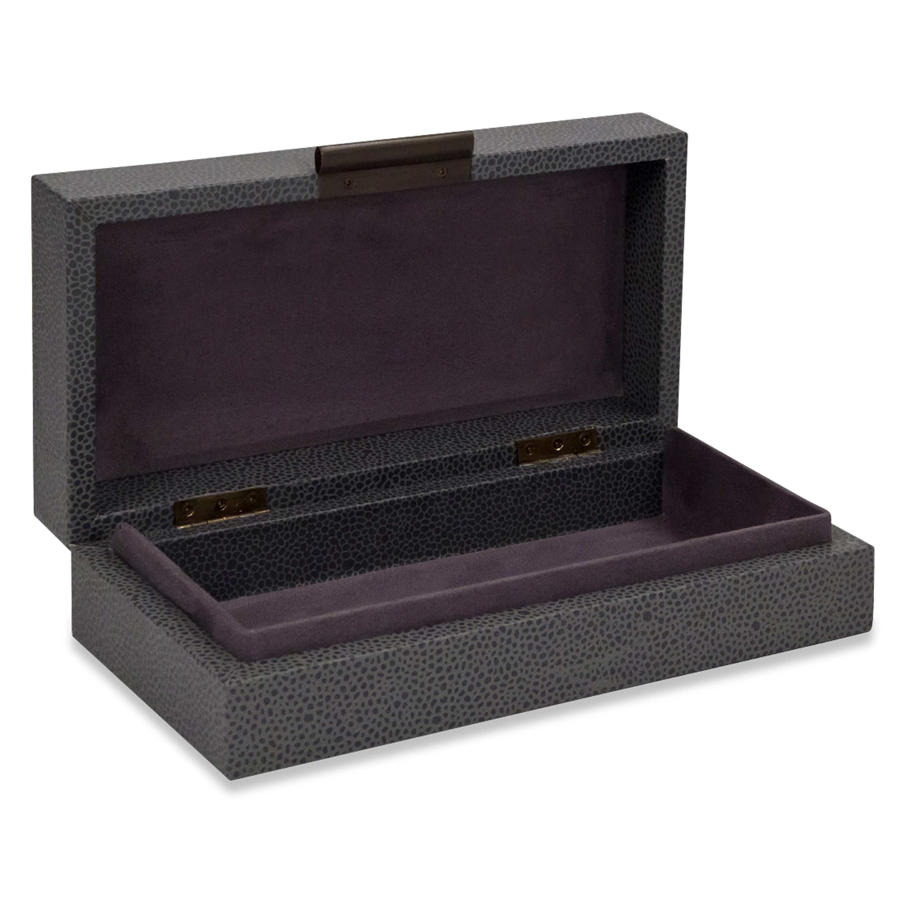 The perfect subtle graining of leather and understated bronze slim knobs provide fantastic complements for the stylish grey interior and smooth suede bases of these boxes.