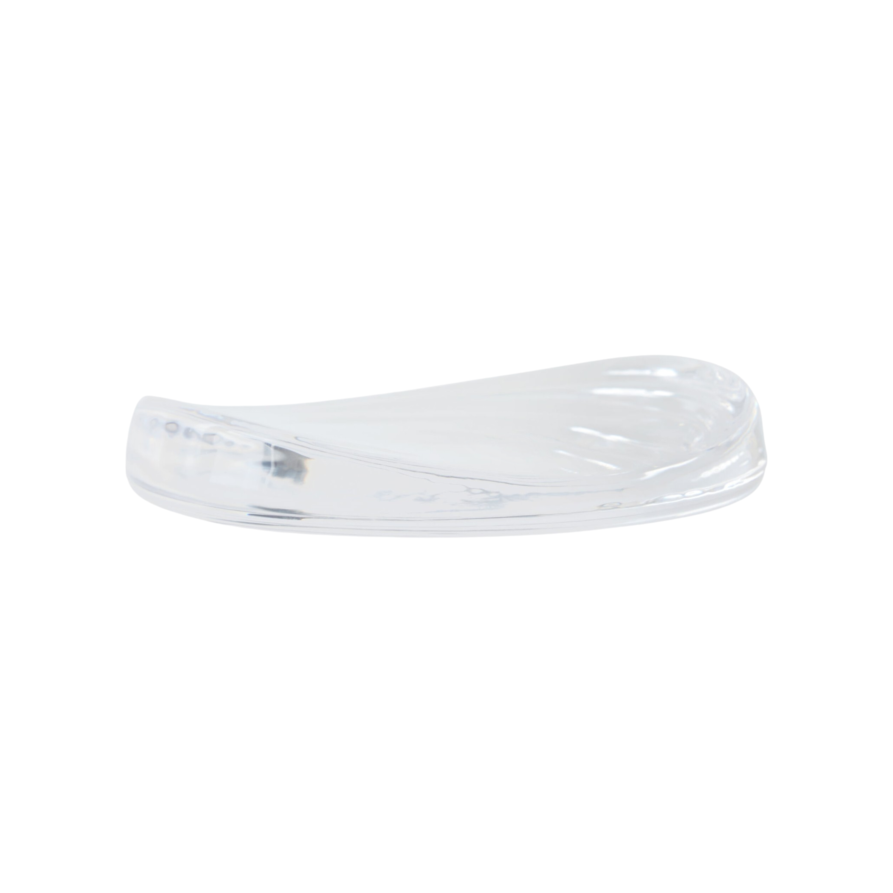 Dune Bowl Large Clear glass decorative bowl, side view showing its low profile, gently sloping shape and fluid raised edge.
