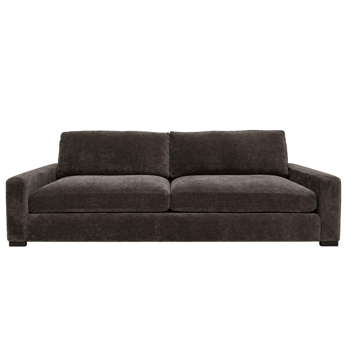 Arizona Sofa shown from the front in Charcoal Brown textured velvet, with two deep seat cushions, loose back cushions and wide square arms.