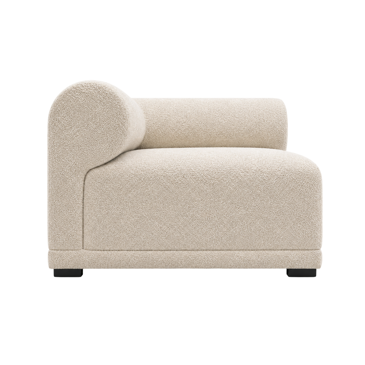 Capri Modular LAF Chair in off-white bouclé, front view showing the rounded bolster-style arm, deep seat, and open connecting end.