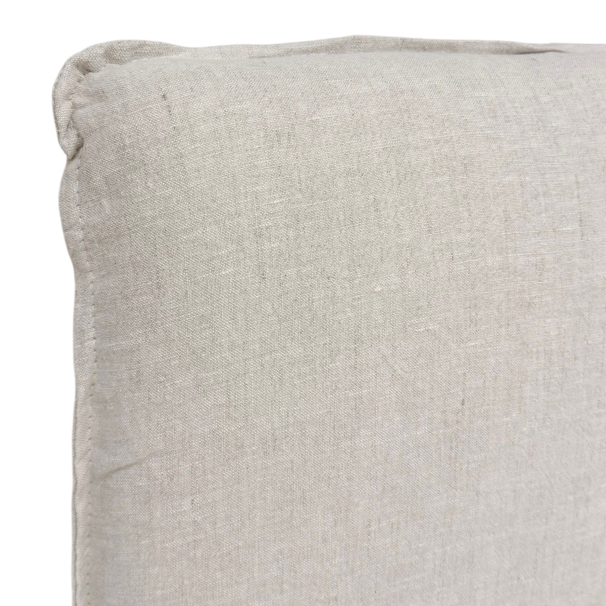 Detailed close-up of the Muse Queen Bed natural linen upholstery, showing the woven texture, subtle tonal variation, and relaxed finish.
