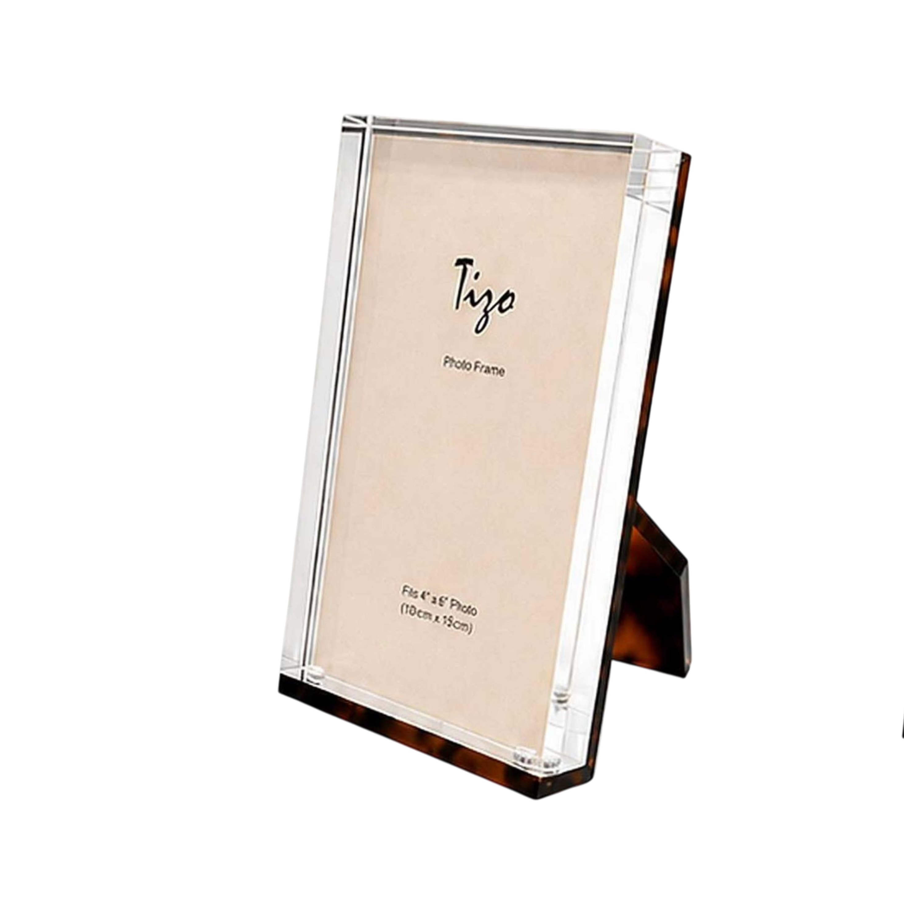 Acrylic Photo Frame in tortoiseshell-patterned Lucite with clear beveled edges, displayed vertically to hold a standard 4 x 6 photo.