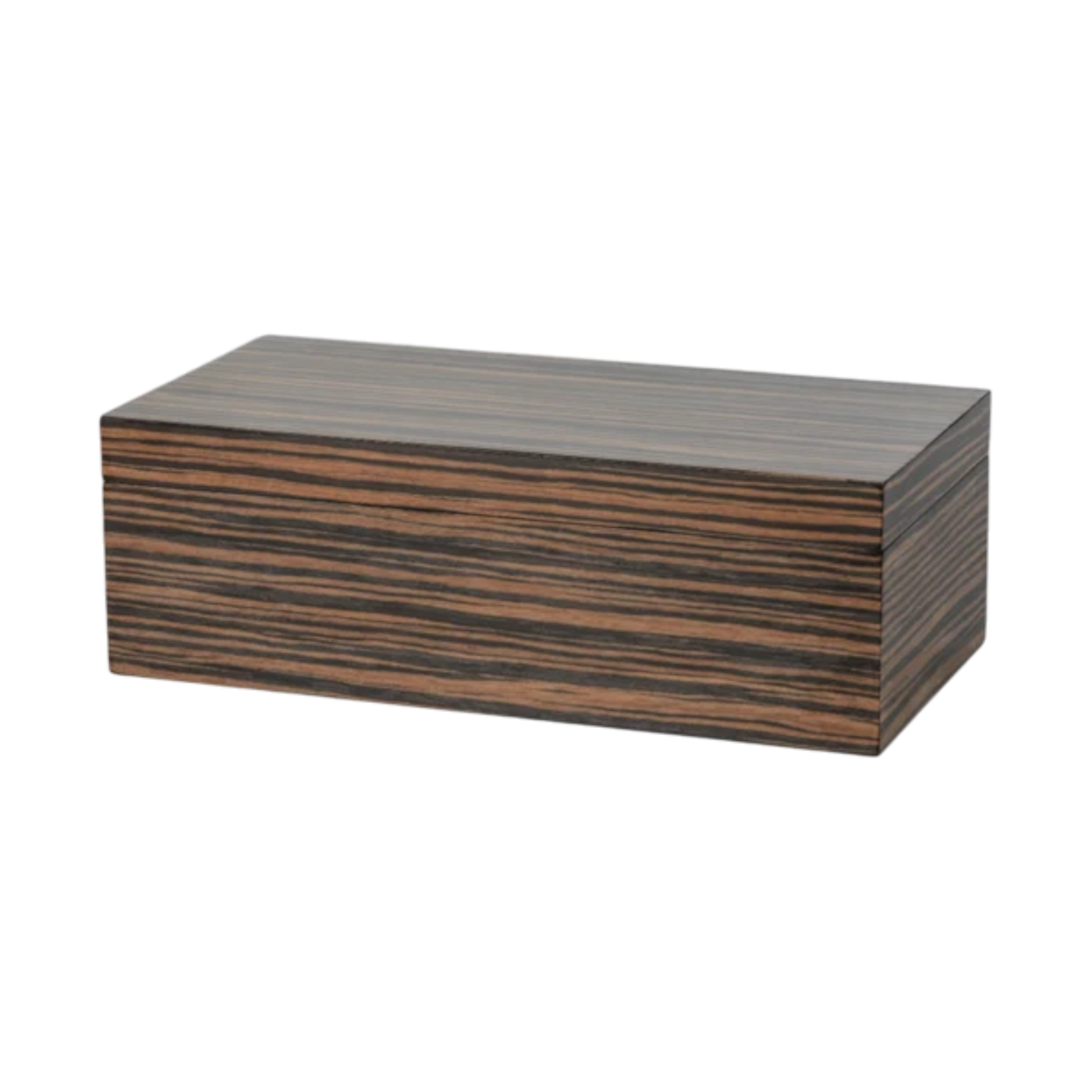 Large rectangular ebony veneer box with a fitted lid, featuring bold black and dark brown striped wood grain and a clean, minimalist silhouette.