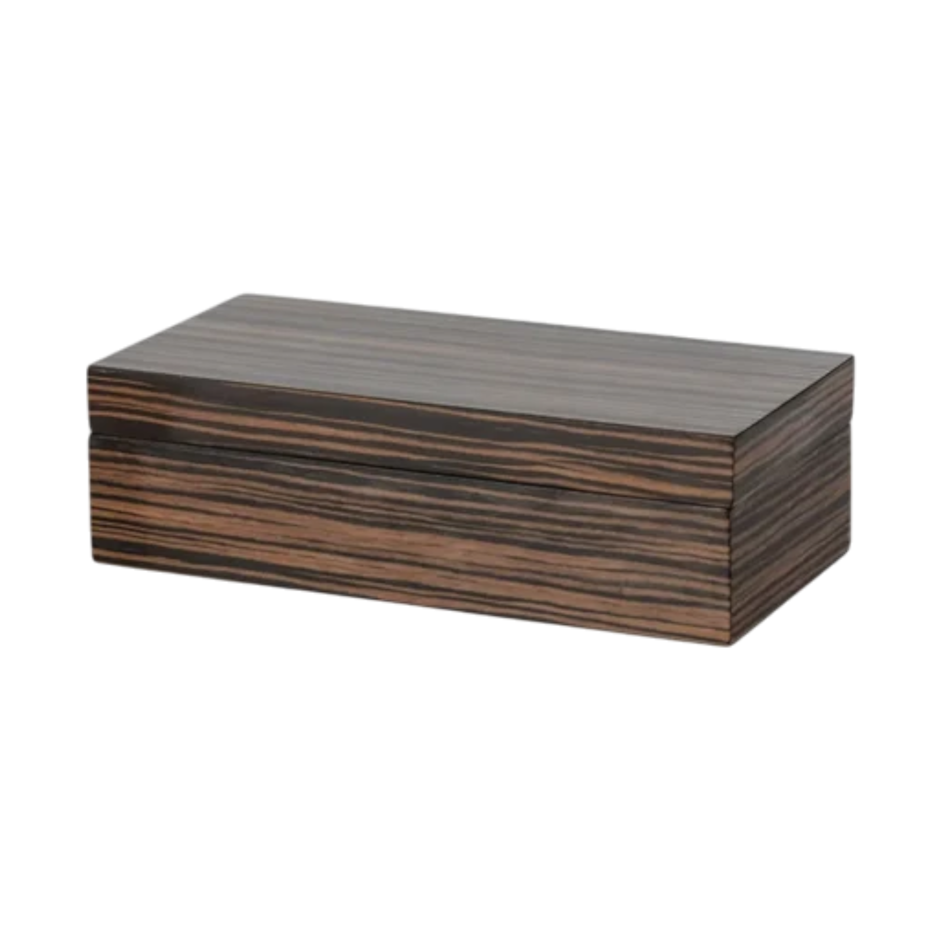 Small rectangular ebony veneer box with a fitted lid, featuring bold black and dark brown striped wood grain and a clean, minimalist silhouette.