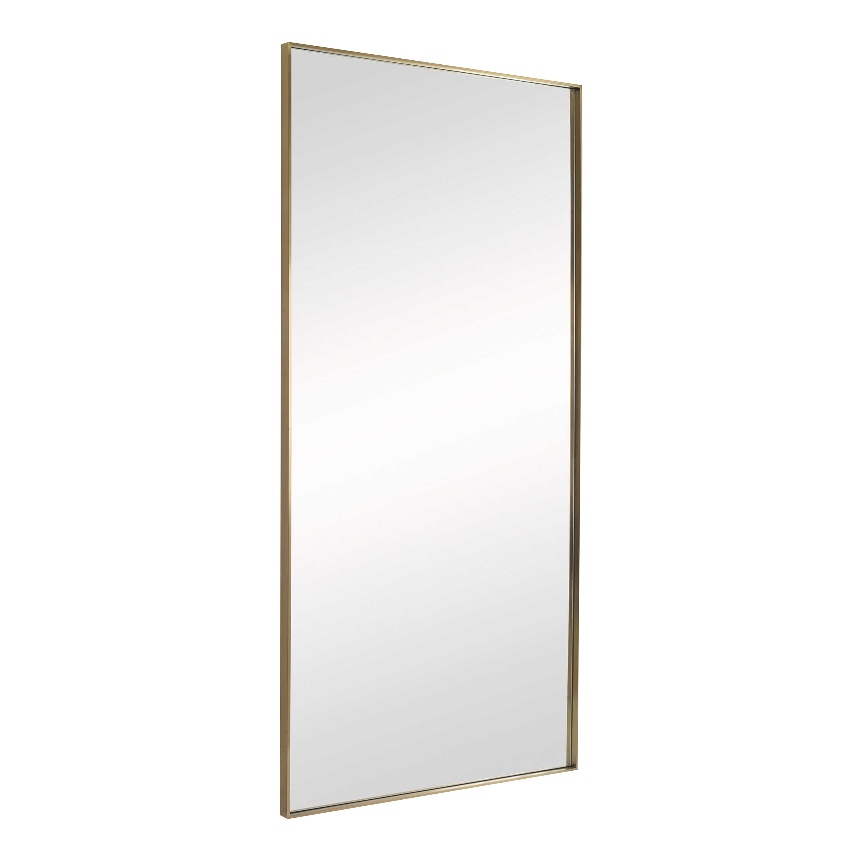 The Gallery Floor Mirror features a slim stainless steel frame that is finished in a light plated brushed brass.