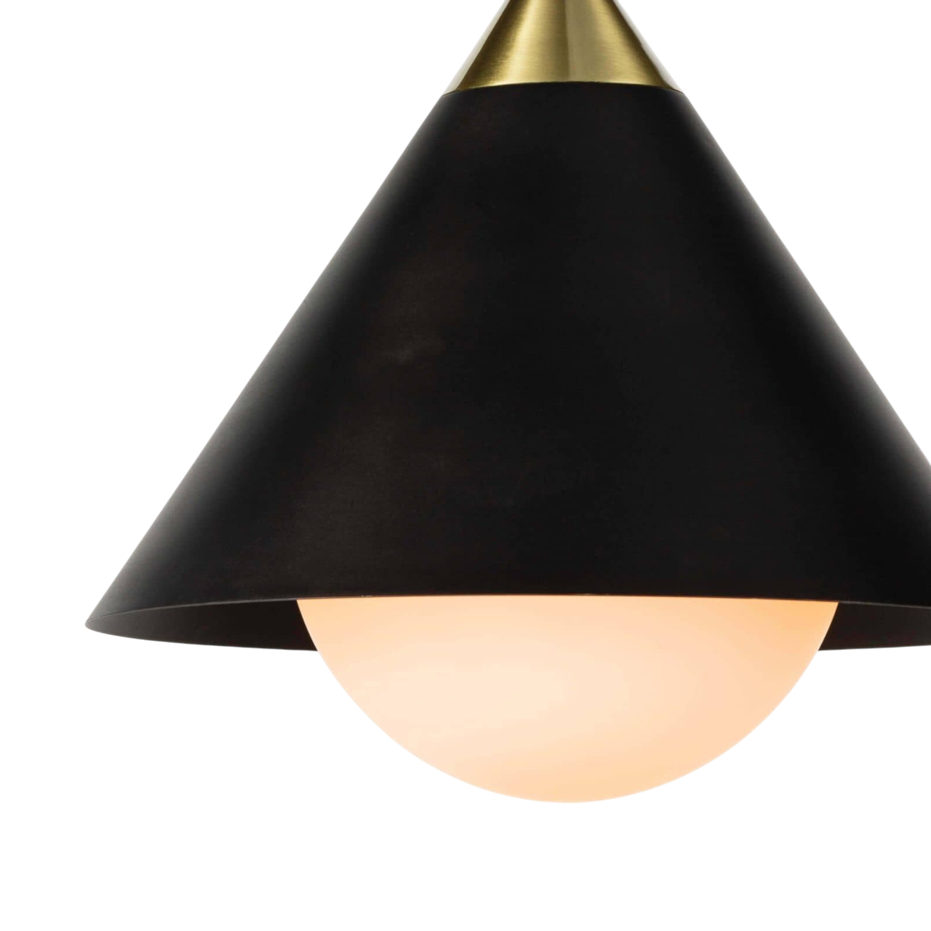 Detail of Hilton Pendant Black with milk glass globe extending beneath the wide black metal shade.