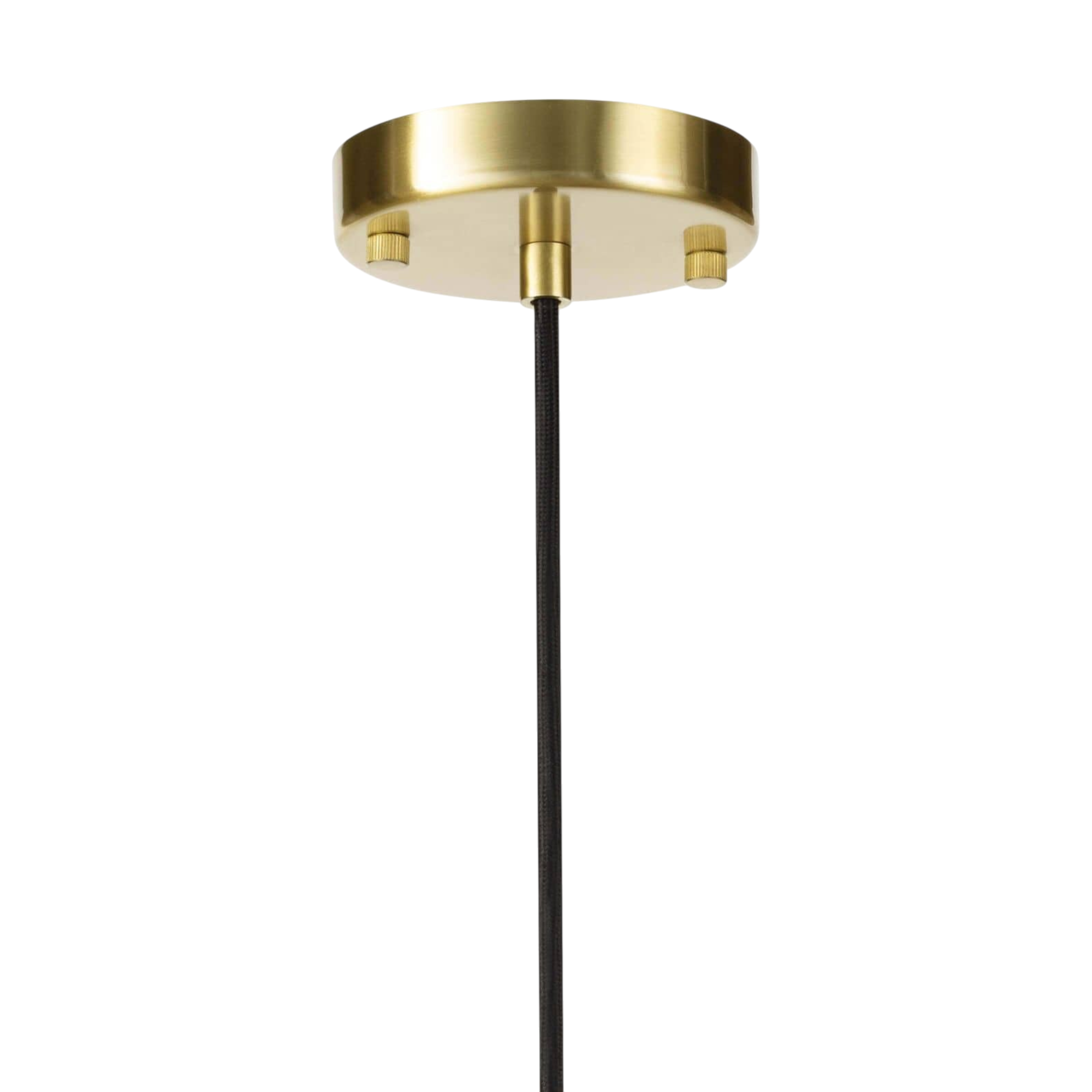 Hilton Pendant Black close-up showing the round natural brass ceiling canopy and black fabric-covered suspension cord.