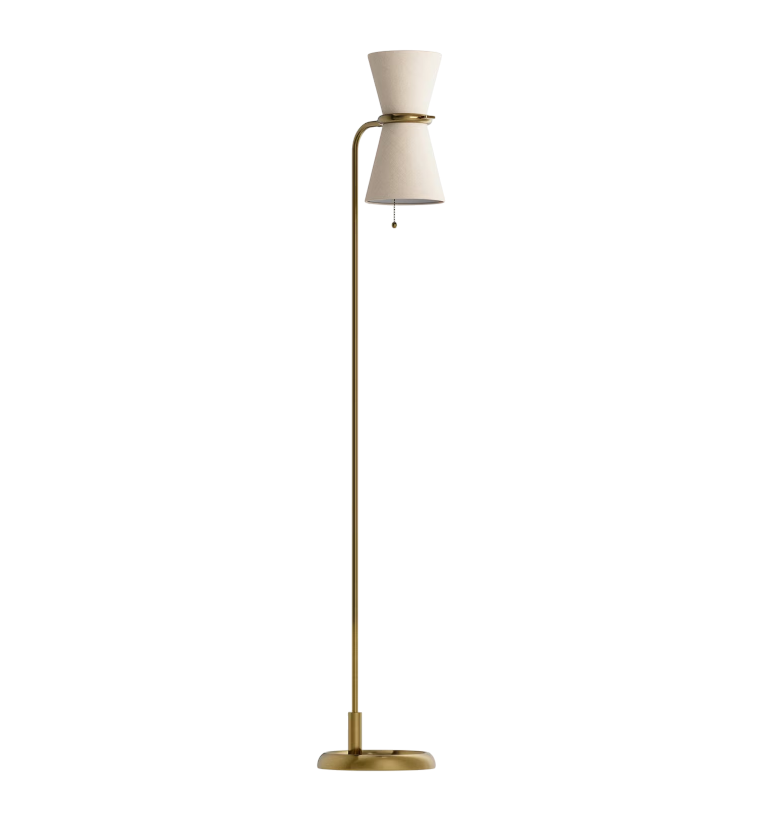 Gable Floor Lamp in antique brass with hourglass linen shade, curved arm and round metal base.
