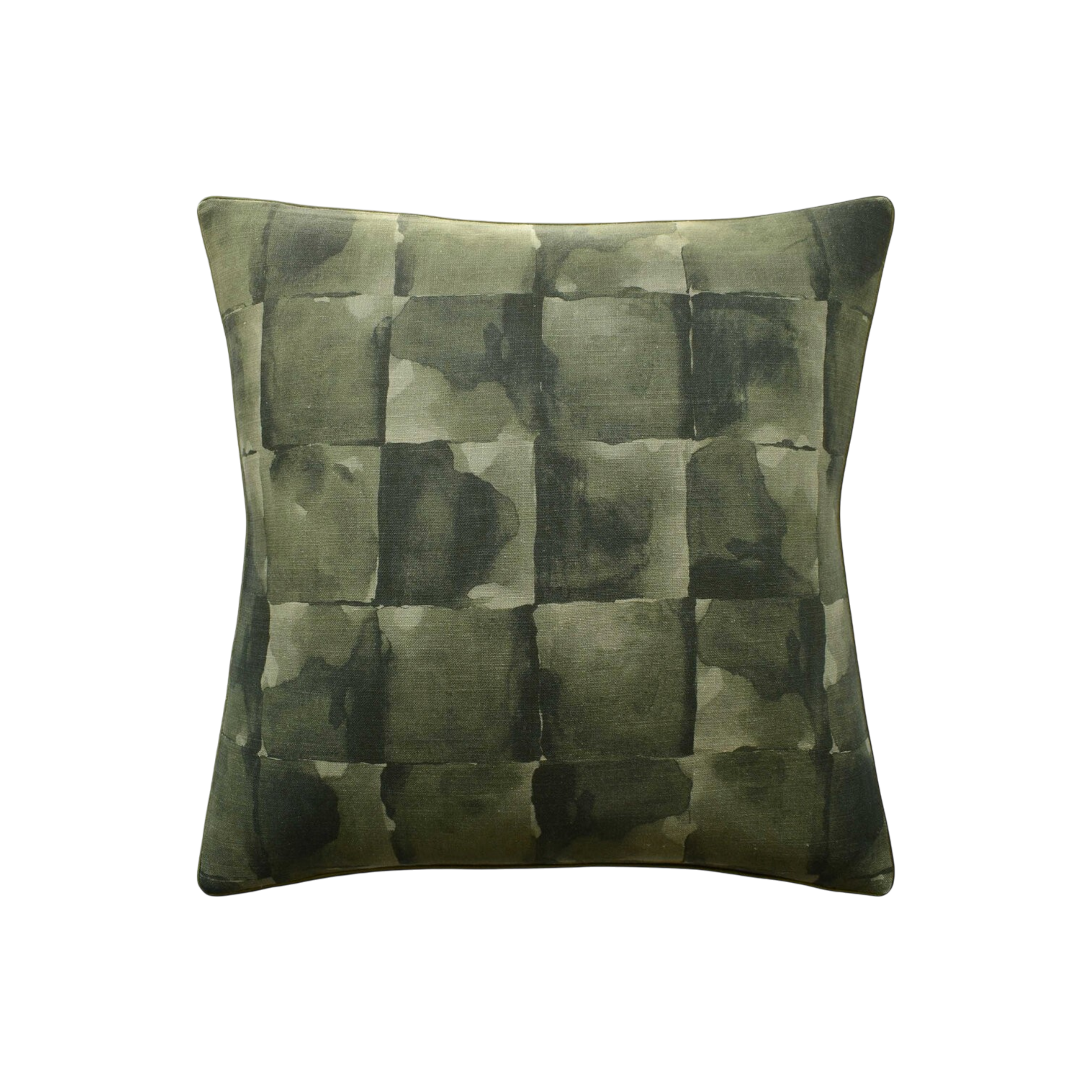 Watercolor Pillow 22X22 Moss with an abstract watercolor grid pattern in layered moss, olive and deep green tones on linen.