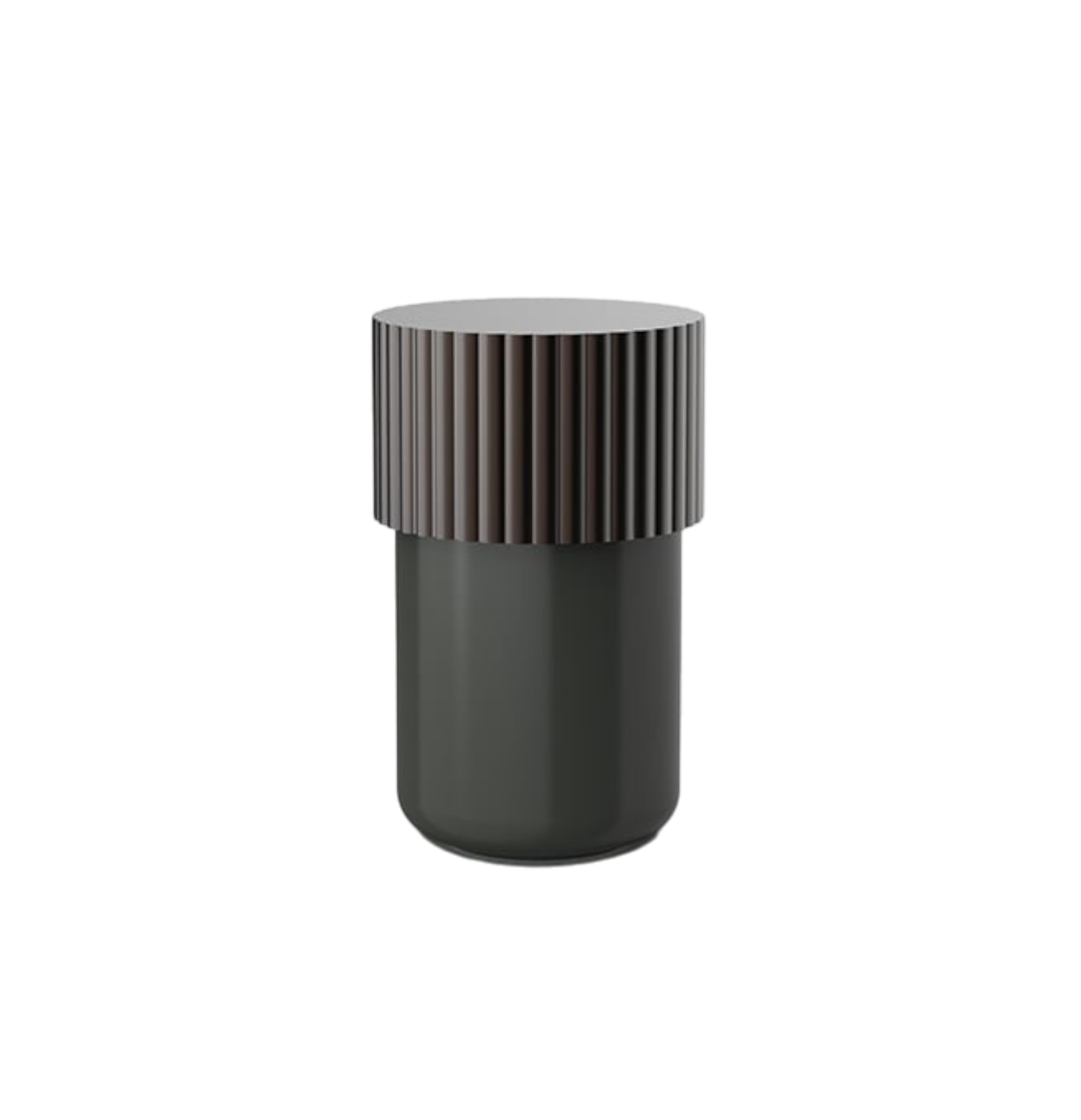 Line Multi Purpose Box Small in deep charcoal green with a smooth cylindrical body and ribbed mocca-bronze lid.