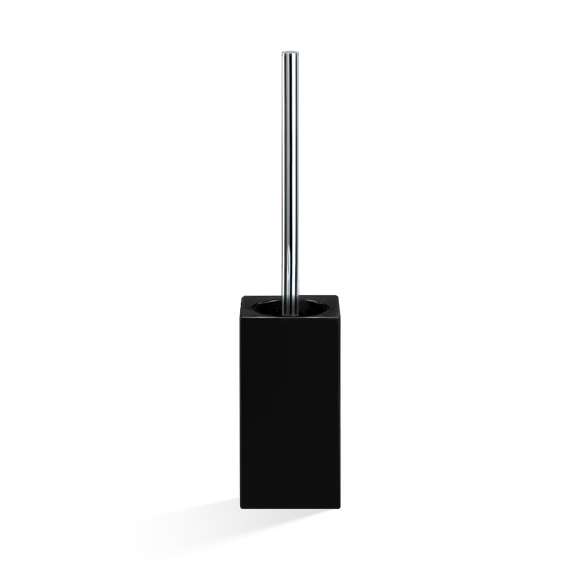 Porcelain Toilet Brush Set shown from the front in black matte porcelain, featuring a chrome-tone handle, squared base, and clean vertical lines.
