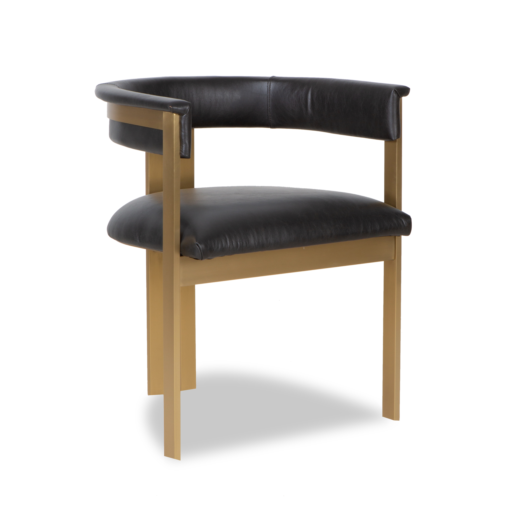 Artistic and elegant, the Durham Armchair is defined by its curved silhouette, brushed brass frame and black top-grain leather seat and back rest.