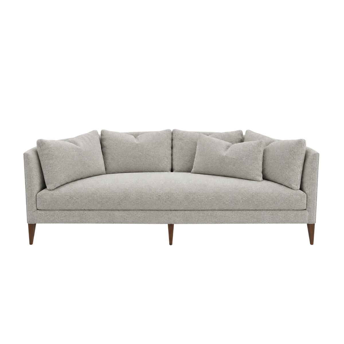 Parker Sofa in oatmeal bouclé upholstery, front view showing the sweeping curved back, loose scatter cushions, and slim tapered wood legs.