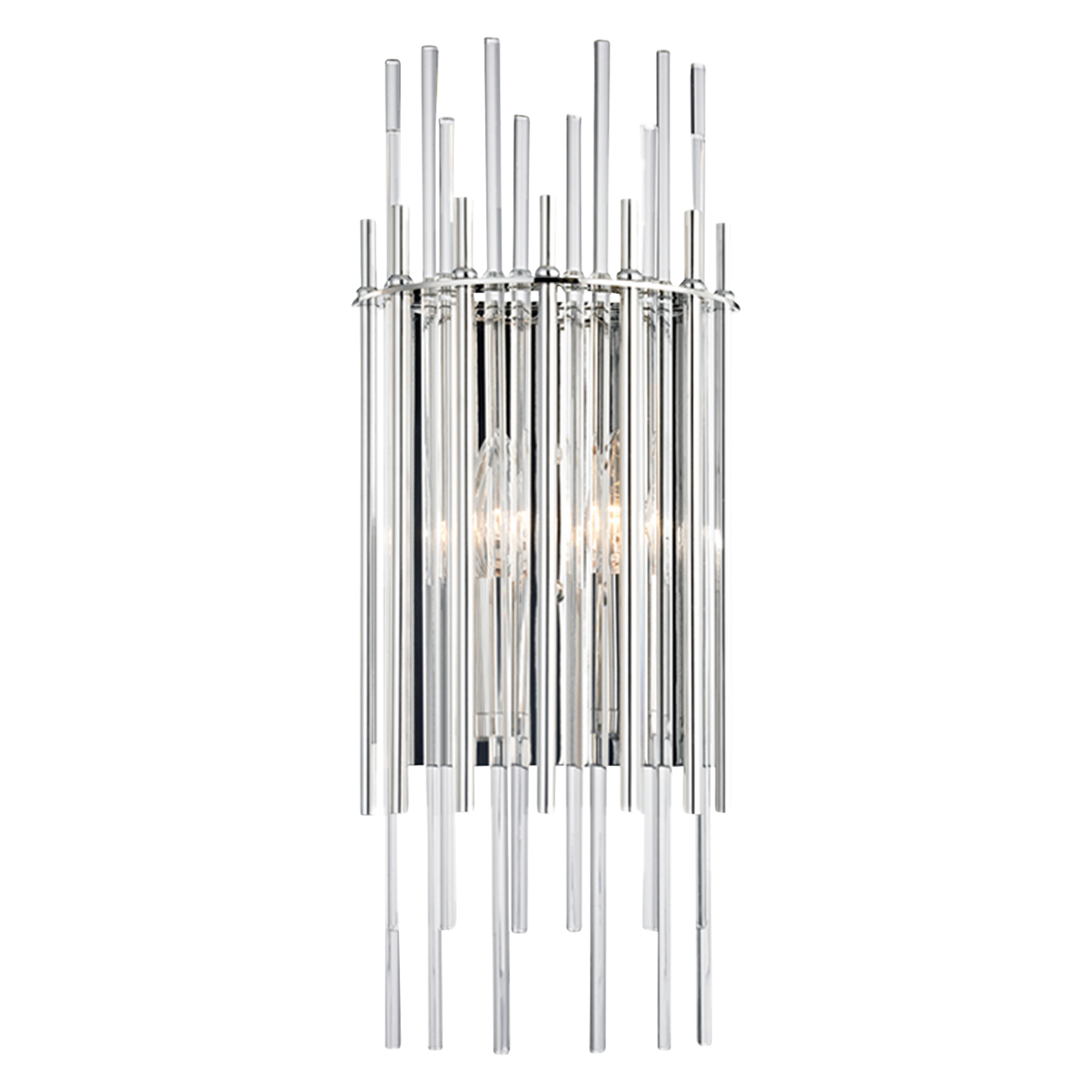 Layered glass and metal rods at staggered lengths in a classic half drum shape make the Wallis light feel both contemporary and familiar.