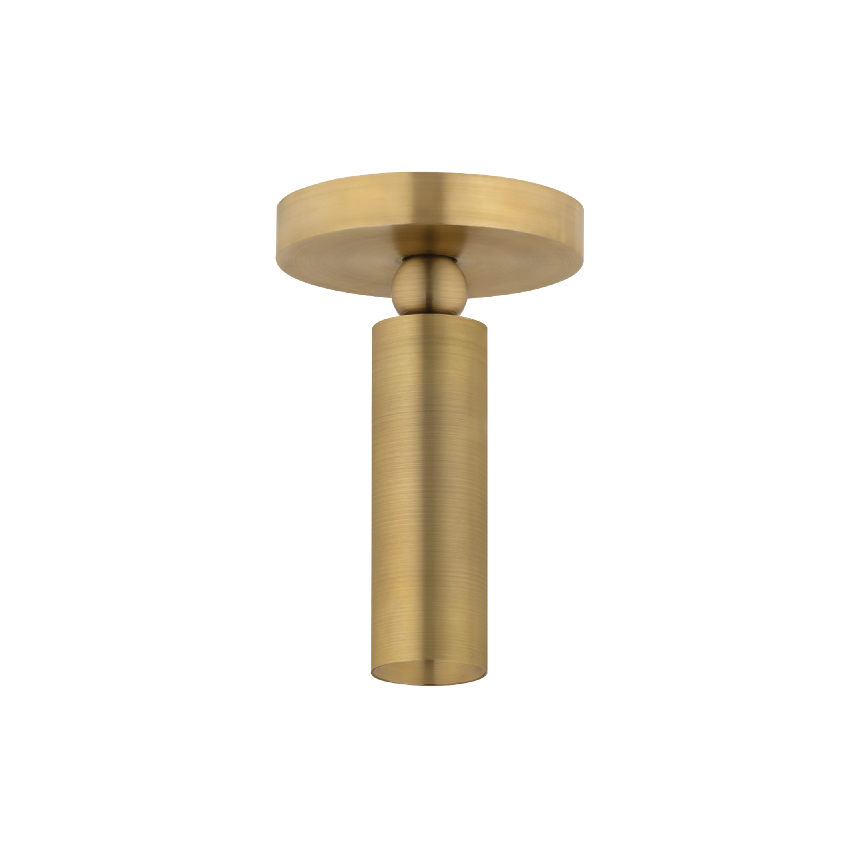 Luxe Pivot Flush Mount Brass ceiling light with a streamlined brushed brass cylinder and compact round canopy, shown in a straight downward position.