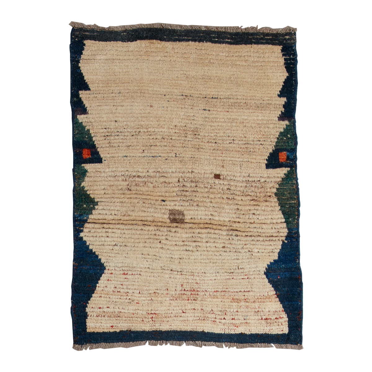 A rectangular handwoven rug with a natural beige center, dark blue borders, and small green and orange accents, shown flat against a white background.