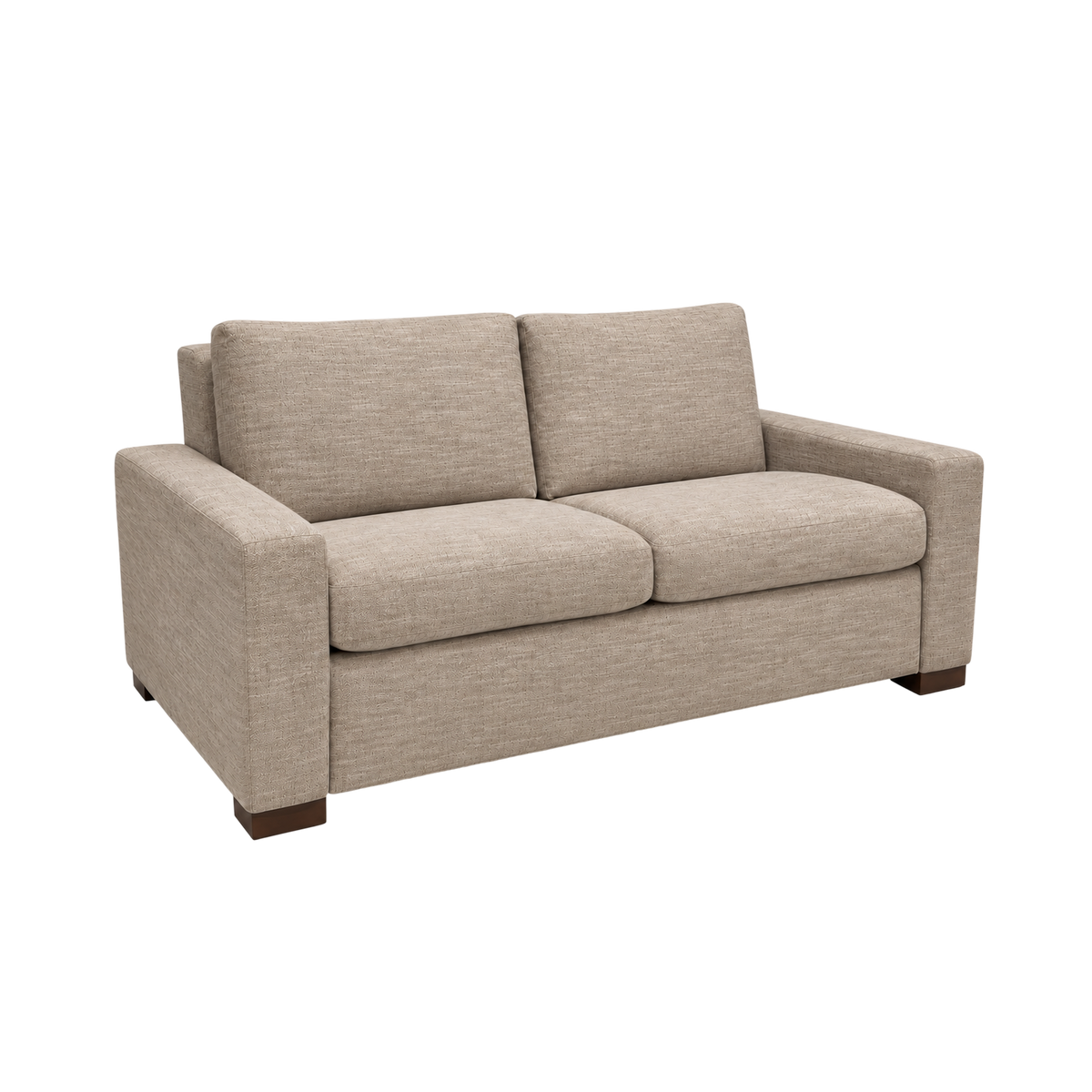 Revere Sleeper Sofa angled view highlighting the tailored, boxy profile in heathered taupe upholstery, with broad track arms, plump seat cushions and dark block feet.