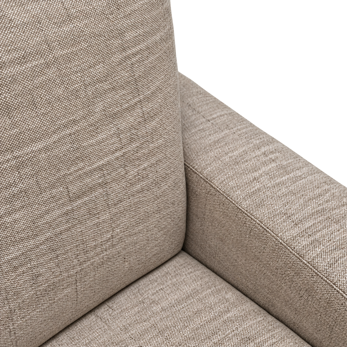 Revere Sleeper Sofa close-up showing the fine, tightly woven heathered taupe upholstery on the back cushion, seat and track arm, with a neat top-stitched arm seam.
