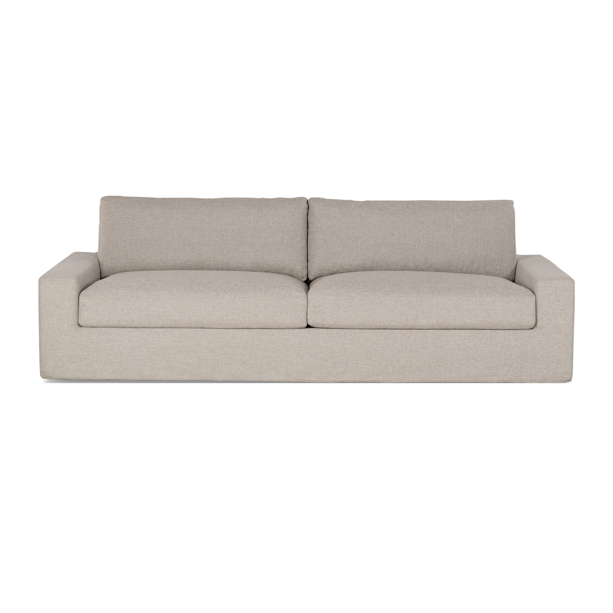 Montara Sofa shown from the front in Pumice woven fabric, with wide square arms, two seat cushions, and two loose back cushions.