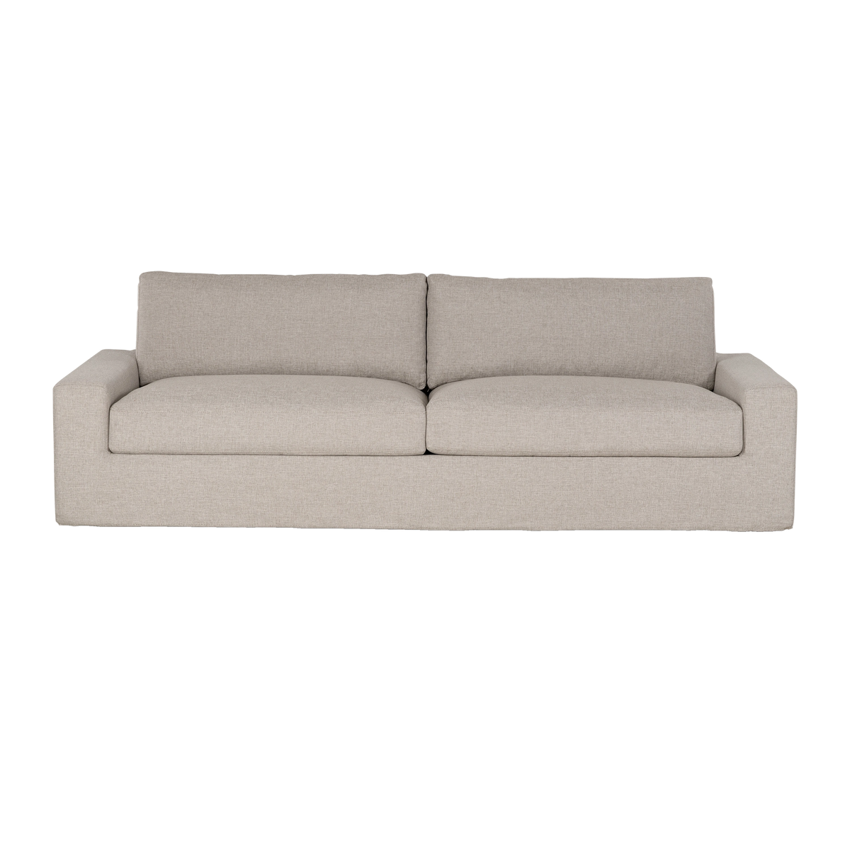 Montara Sofa shown from the front in Pumice woven fabric, with wide square arms, two seat cushions, and two loose back cushions.