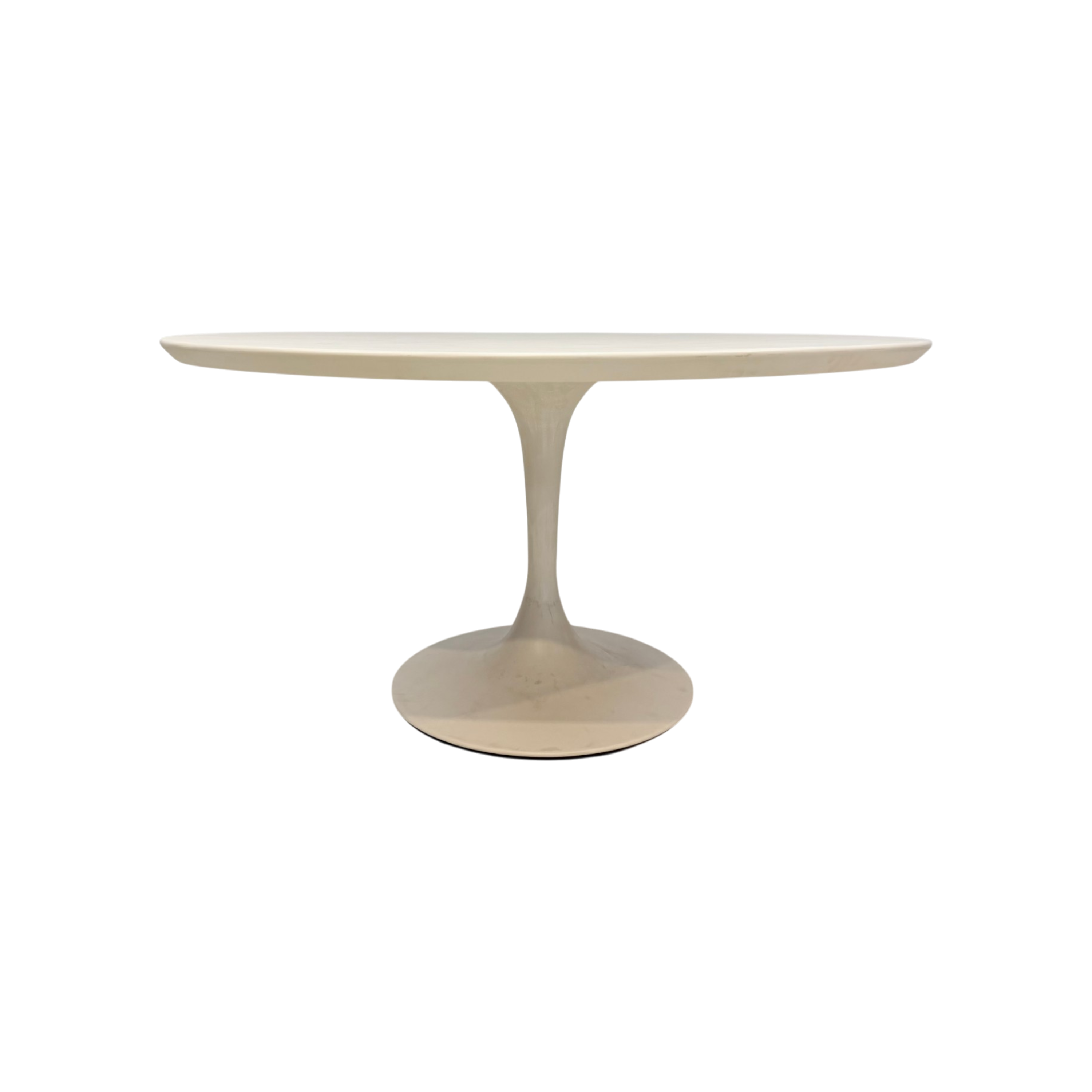 A modern tulip-style dining table with a smooth, rounded oval top and a single sculptural pedestal base, shown in a light beige finish against a plain white background.