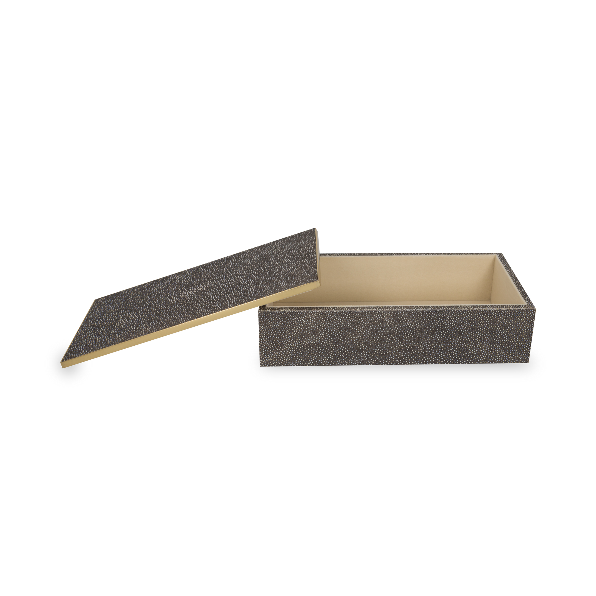 Stay organized with this  box wrapped in luxurious shagreen with brass accents and velvet backing.