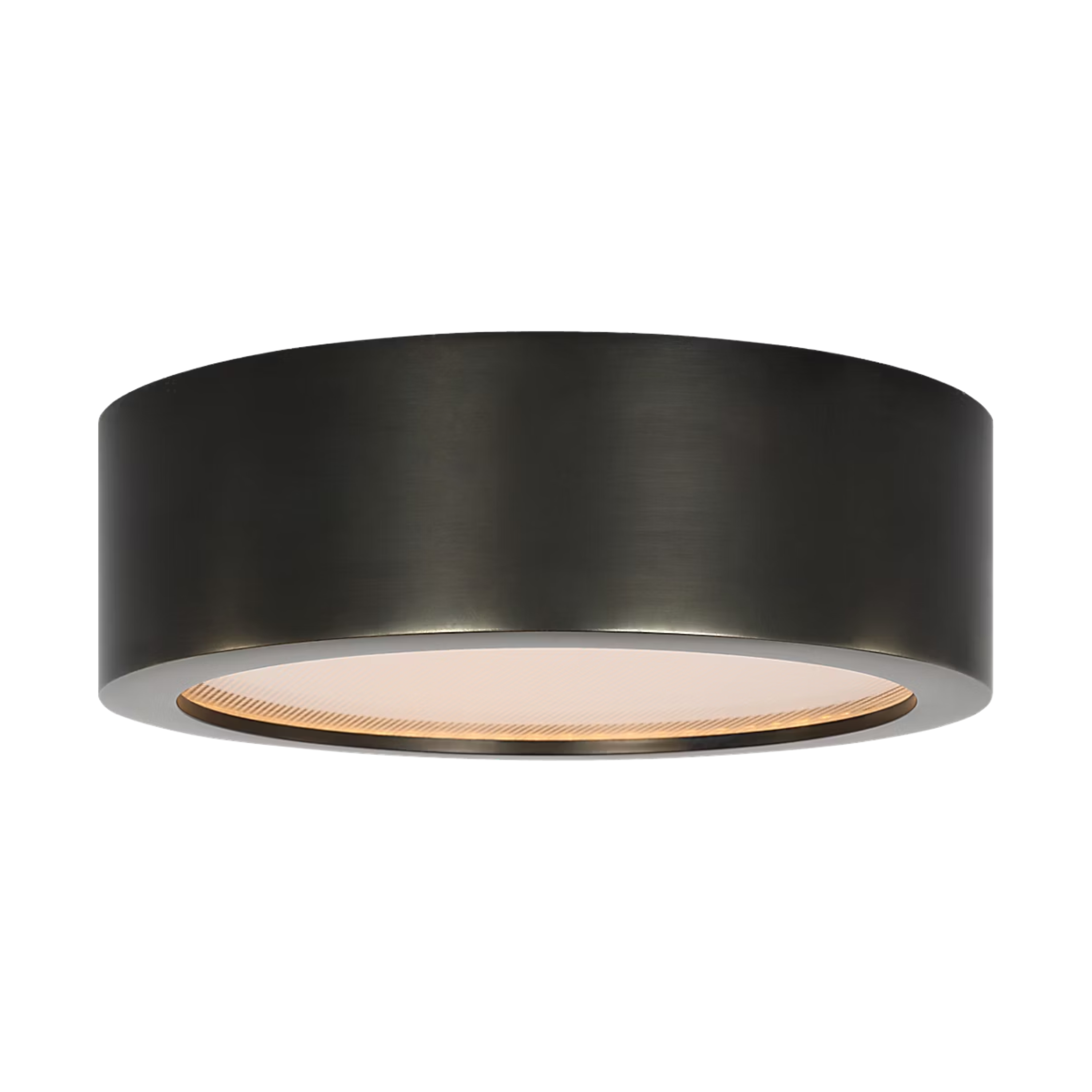 Cerne Flush Mount Mini Bronze with cylindrical bronze frame and textured acrylic light diffuser.