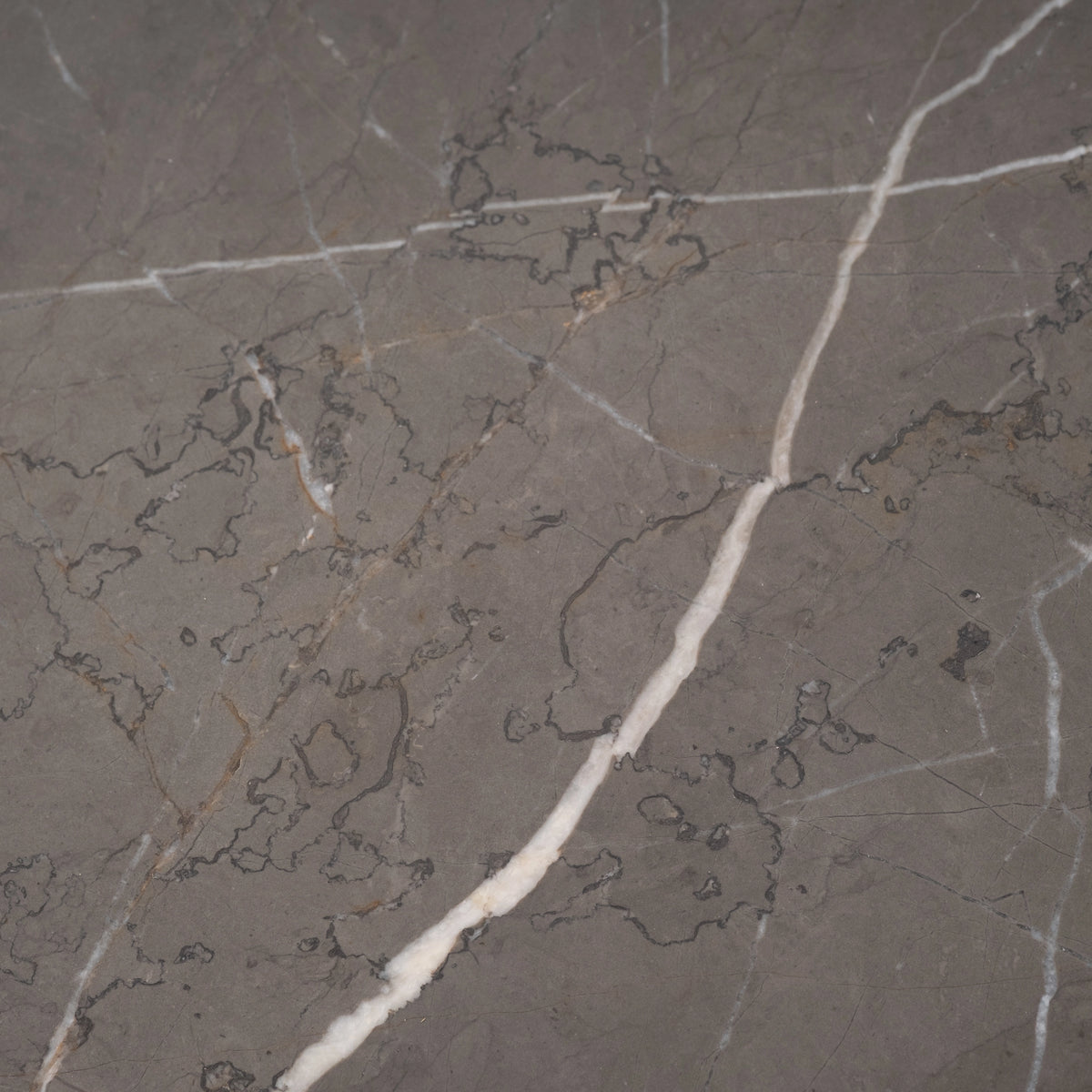 Duvall Side Table close-up showing warm gray Petra Grey marble with a bold white vein, amber flecks, and dark wandering tracery across a honed surface.