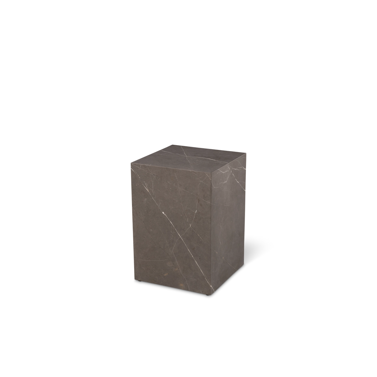 Duvall Side Table angled view in warm gray Petra Grey marble, showing the clean-lined block form and white veining carried across the top and sides.