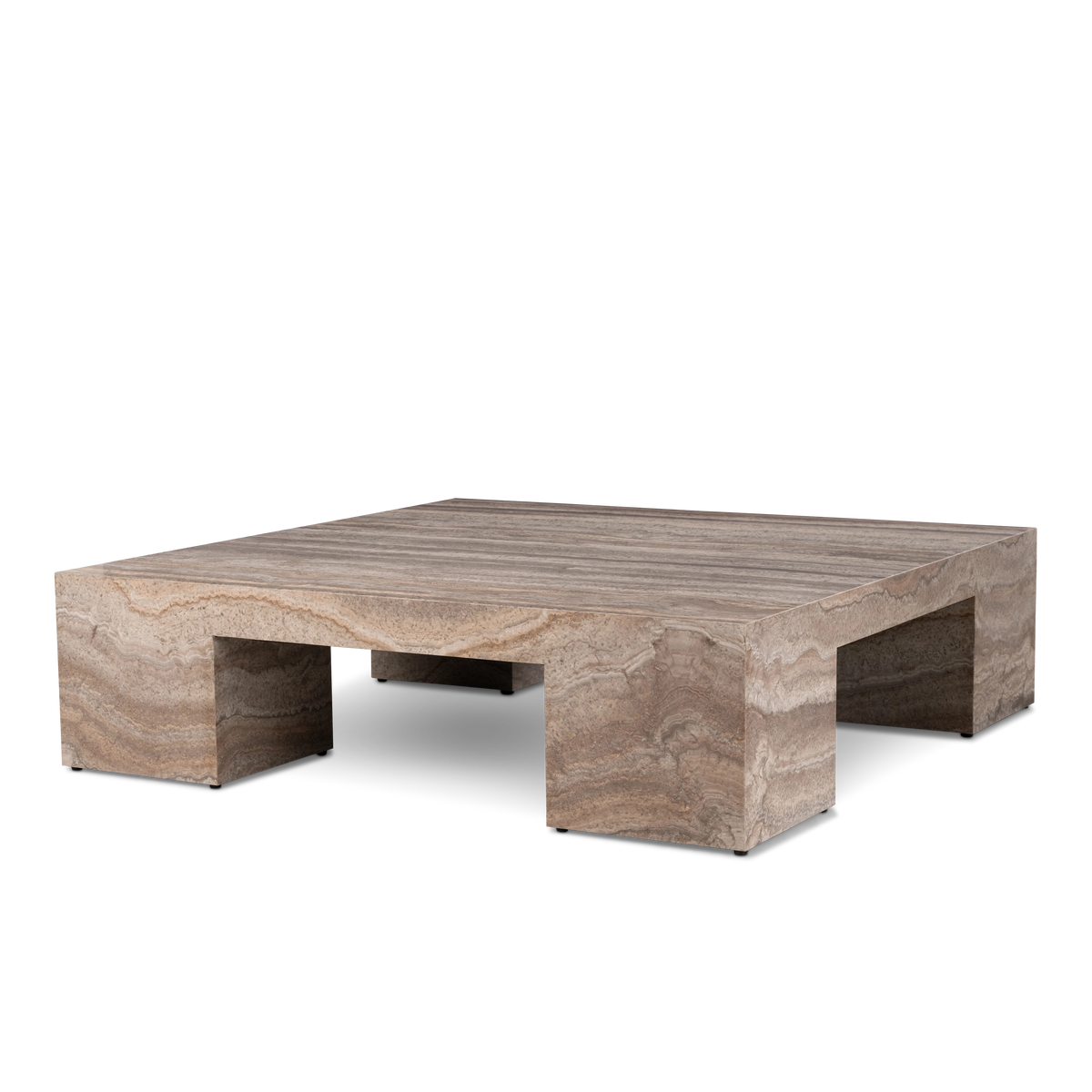 Duvall Coffee Table in Taupe travertine, angled view showing the slab profile, the open space beneath, and the wavy banding across the front edge.
