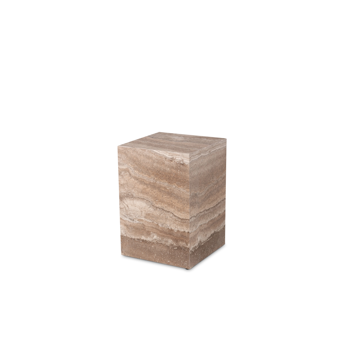 Duvall Side Table in Taupe travertine, angled view showing the square top, the clean vertical edge, and wavy veining that continues around both visible sides.