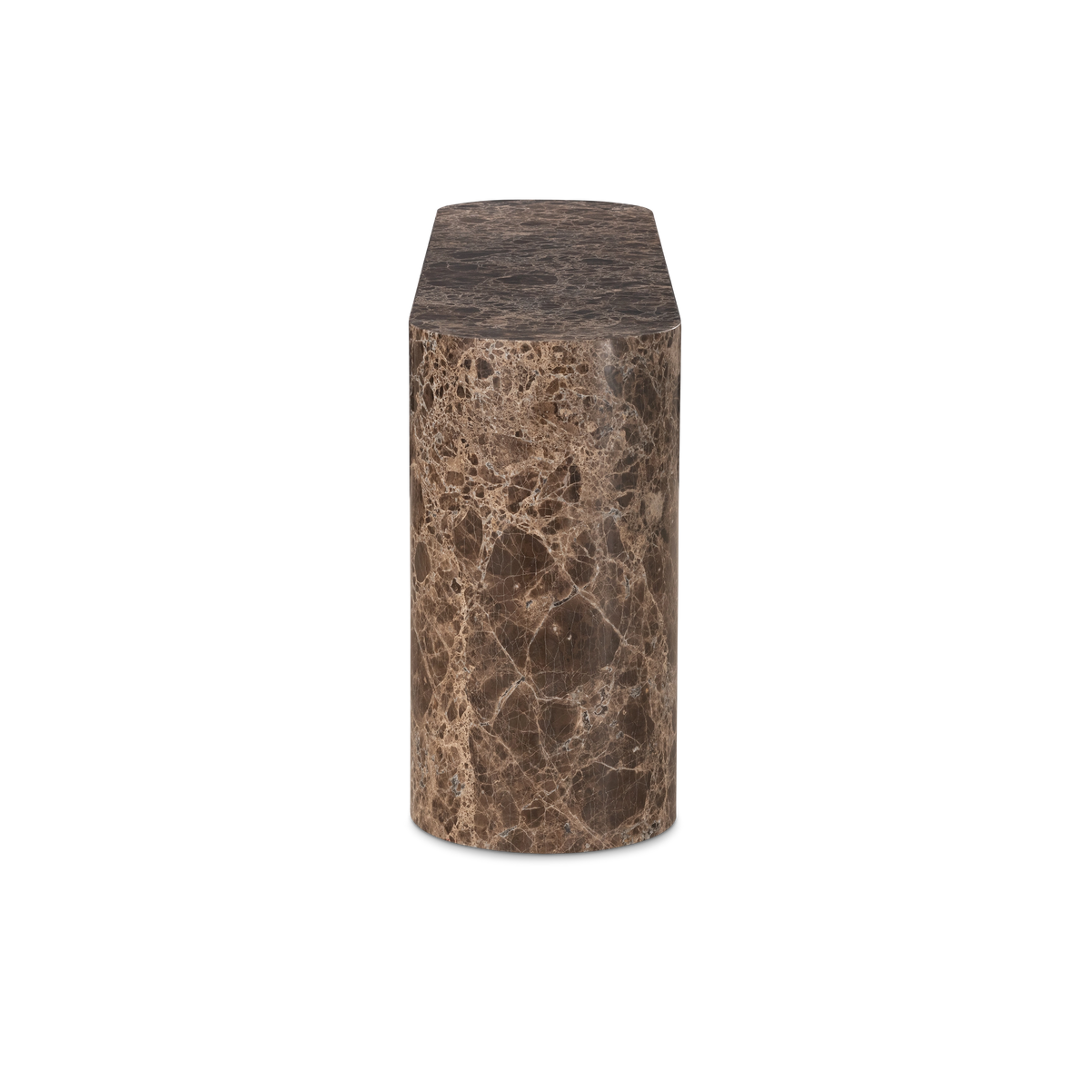 Shift Console Table side profile in chocolate brown Dark Emperador marble, showing the rounded end of the top and cream veining across the half-round leg.