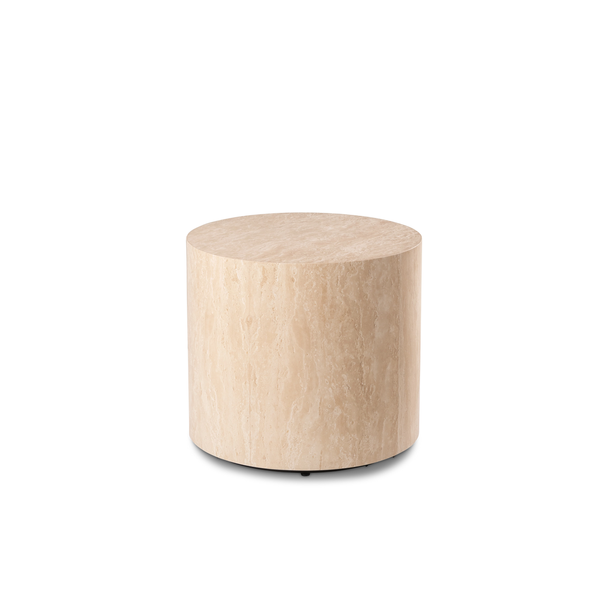 Meta Round Side Table in Warm Beige travertine from the front, showing the full drum profile, soft cream mottling, and a small dark foot at the base.