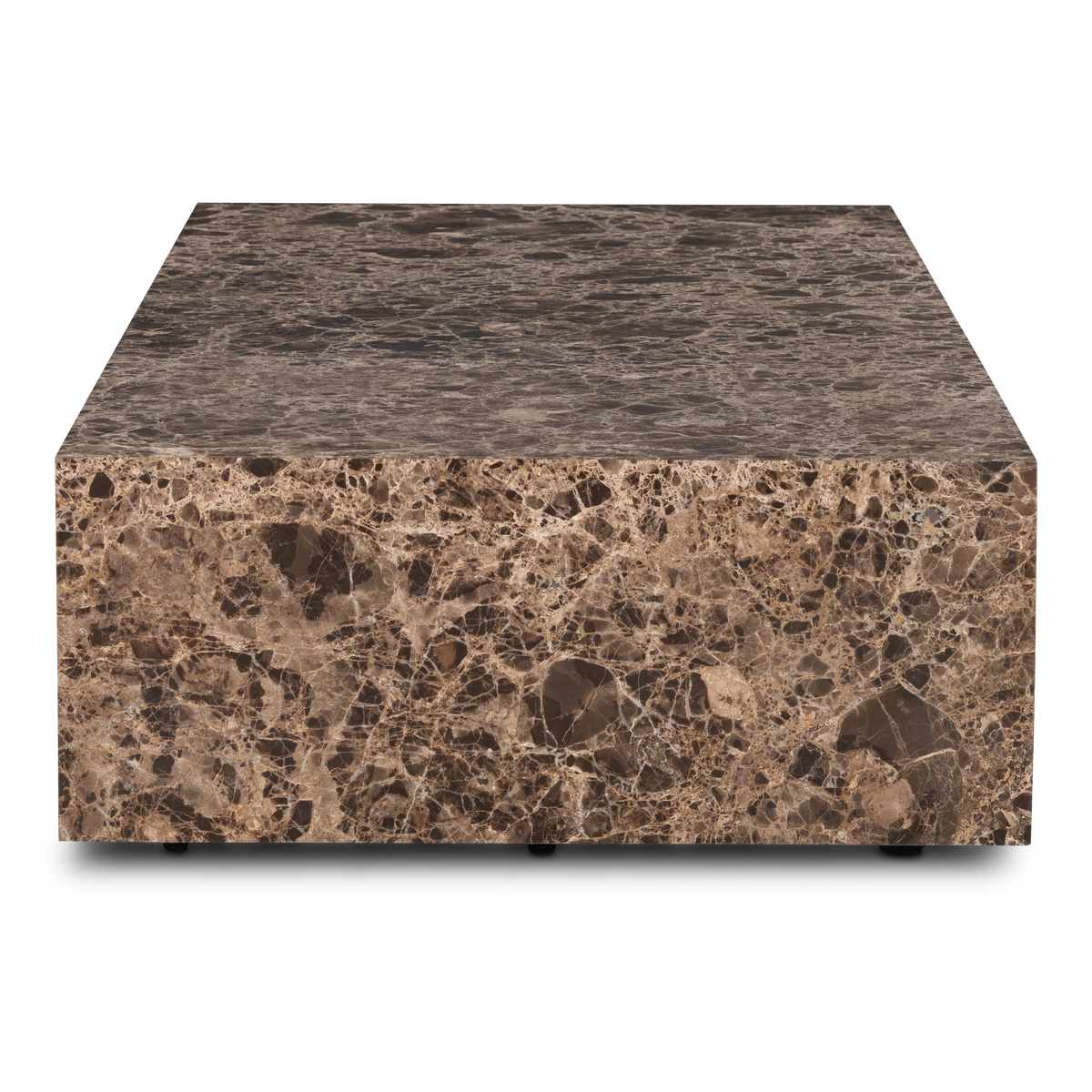 End view of the Meta Rectangular Coffee Table in Chocolate Brown Dark Emperador marble, showing the deep top surface and the large veined stone fragments along the side.