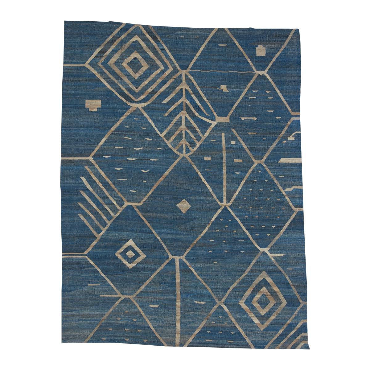 A rectangular blue rug with a geometric tribal pattern in beige, featuring diamond and triangle motifs on a white background.