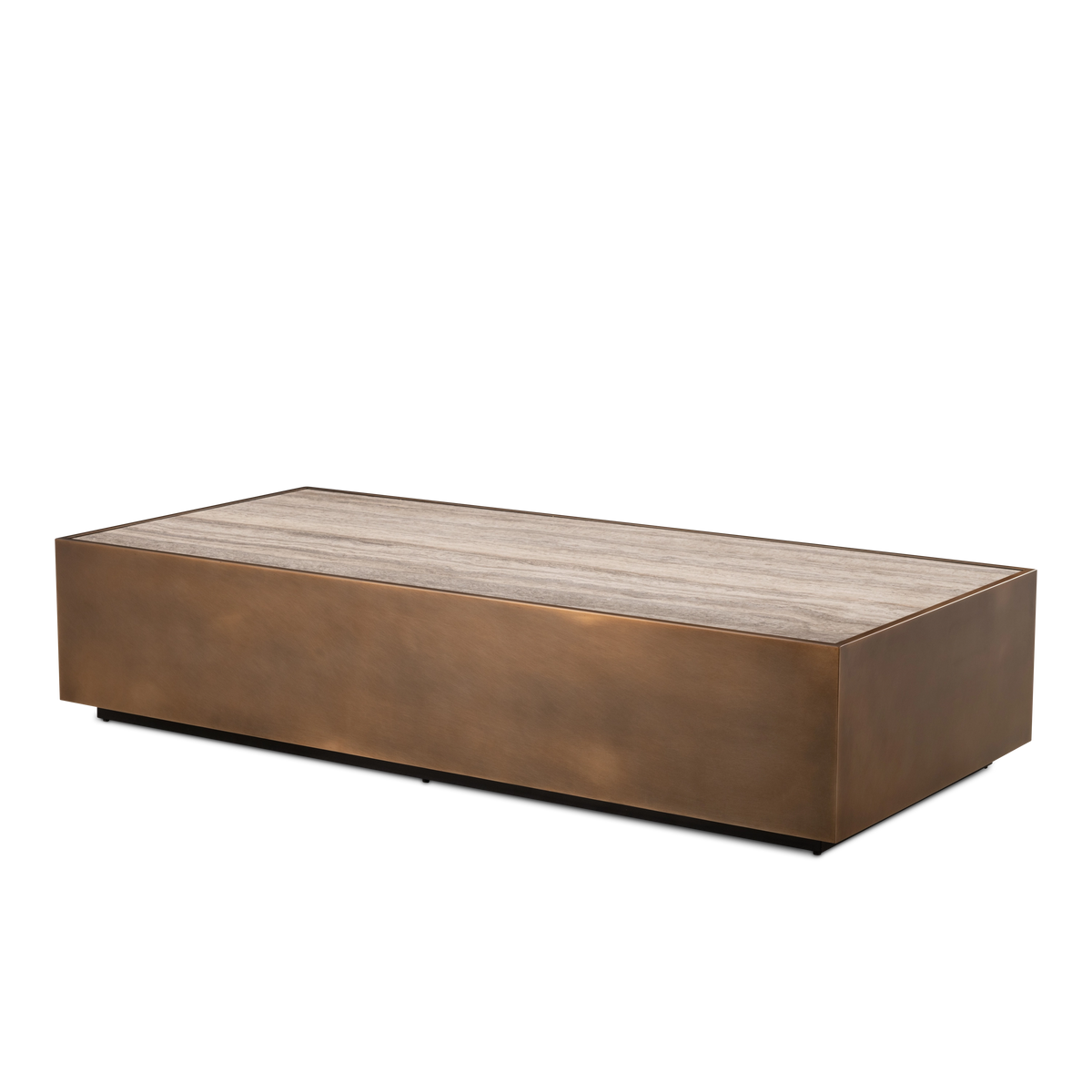Pedra Rectangular Coffee Table shown in an angled view in Aged Bronze, highlighting the long steel-clad body, the inset taupe travertine top, and the recessed dark base.